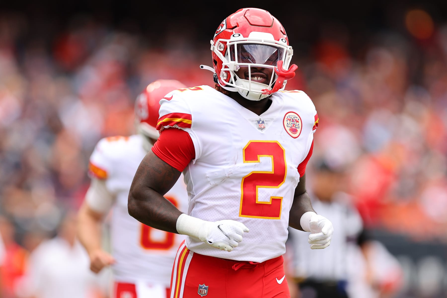 CHICAGO, ILLINOIS - AUGUST 13: Ronald Jones #2 of the Kansas City Chiefs looks on against the Chicago Bears during the first half of the preseason game at Soldier Field on August 13, 2022 in Chicago, Illinois. (Photo by Michael Reaves/Getty Images)