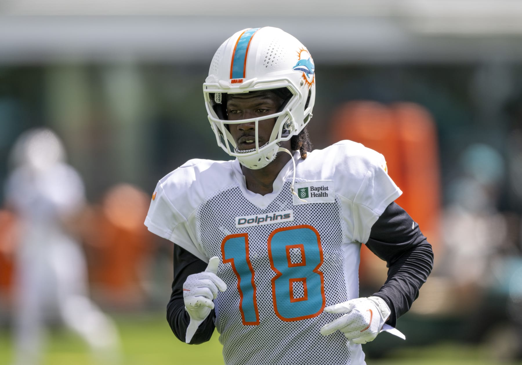 MIAMI GARDENS, FL - AUGUST 06: Miami Dolphins wide receiver Preston Williams (18) runs a play during a practice session at the Miami Dolphins training camp at Baptist Health Training Complex on August 6, 2022 in Miami Gardens, Florida. (Photo by Doug Murray/Icon Sportswire via Getty Images)