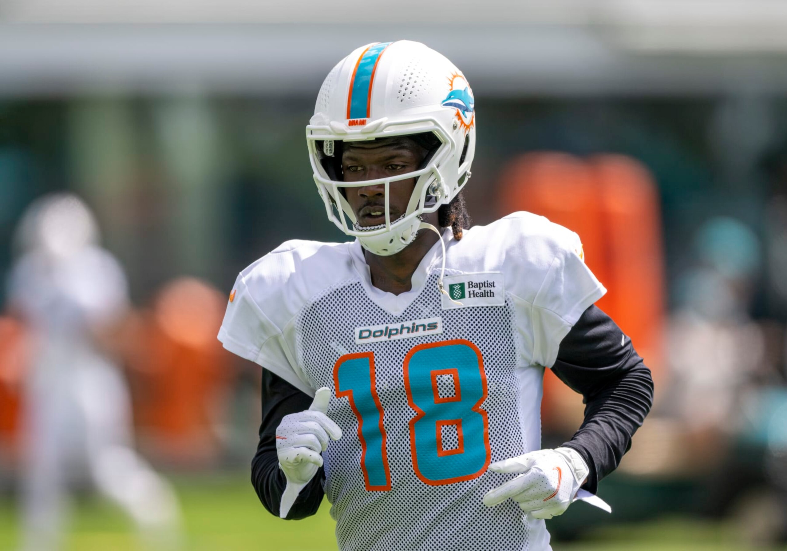 MIAMI GARDENS, FL - AUGUST 06: Miami Dolphins wide receiver Preston Williams (18) runs a play during a practice session at the Miami Dolphins training camp at Baptist Health Training Complex on August 6, 2022 in Miami Gardens, Florida. (Photo by Doug Murray/Icon Sportswire via Getty Images) MIAMI GARDENS, FL - AUGUST 06: Miami Dolphins wide receiver Preston Williams (18) runs a play during a practice session at the Miami Dolphins training camp at Baptist Health Training Complex on August 6, 2022 in Miami Gardens, Florida. (Photo by Doug Murray/Icon Sportswire via Getty Images)