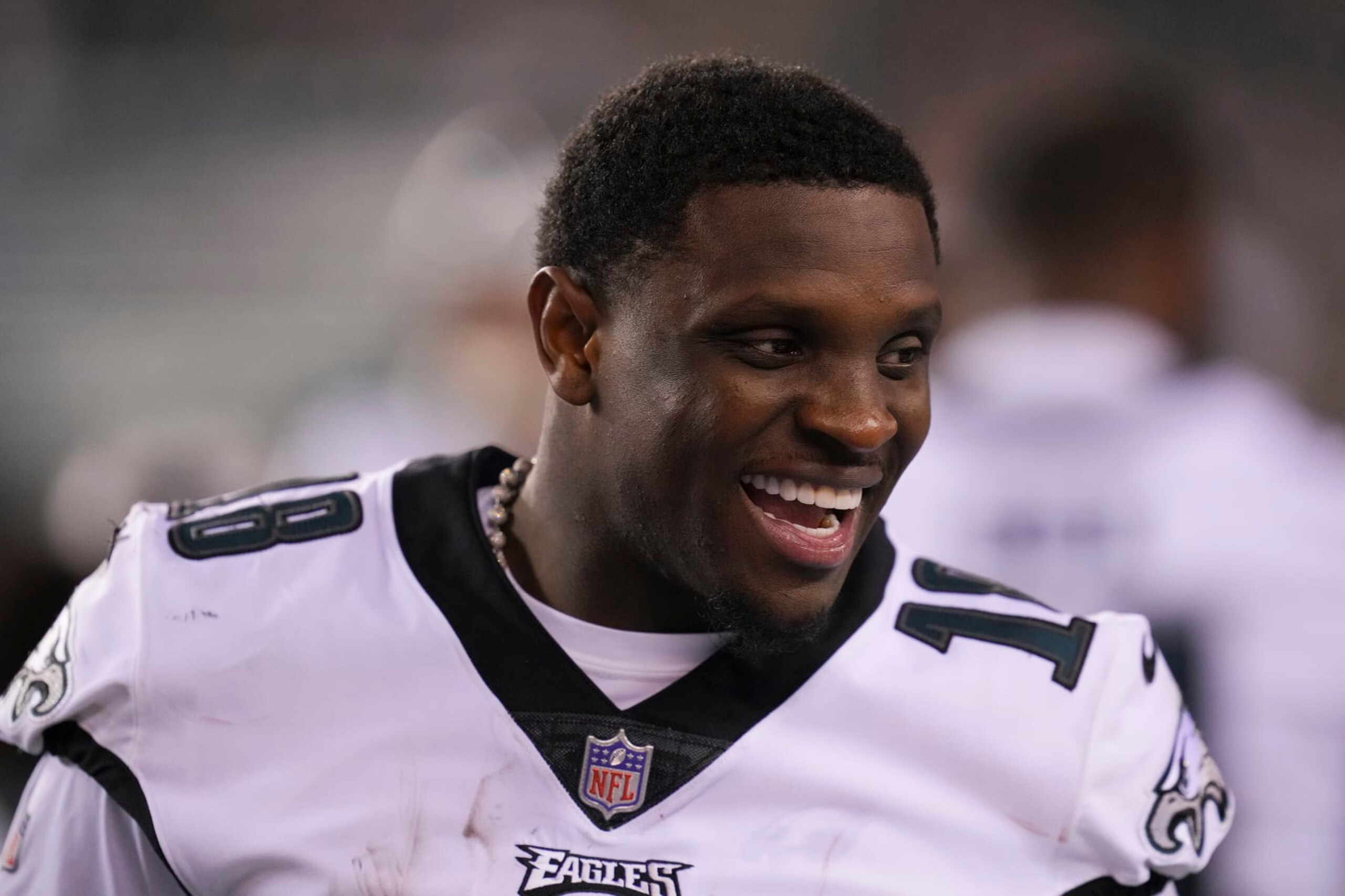 PHILADELPHIA, PA - AUGUST 12: Jalen Reagor #18 of the Philadelphia Eagles reacts from the sidelines against the New York Jets in the second half of the preseason game at Lincoln Financial Field on August 12, 2022 in Philadelphia, Pennsylvania. The Jets defeated the Eagles 24-21. (Photo by Mitchell Leff/Getty Images) PHILADELPHIA, PA - AUGUST 12: Jalen Reagor #18 of the Philadelphia Eagles reacts from the sidelines against the New York Jets in the second half of the preseason game at Lincoln Financial Field on August 12, 2022 in Philadelphia, Pennsylvania. The Jets defeated the Eagles 24-21. (Photo by Mitchell Leff/Getty Images)