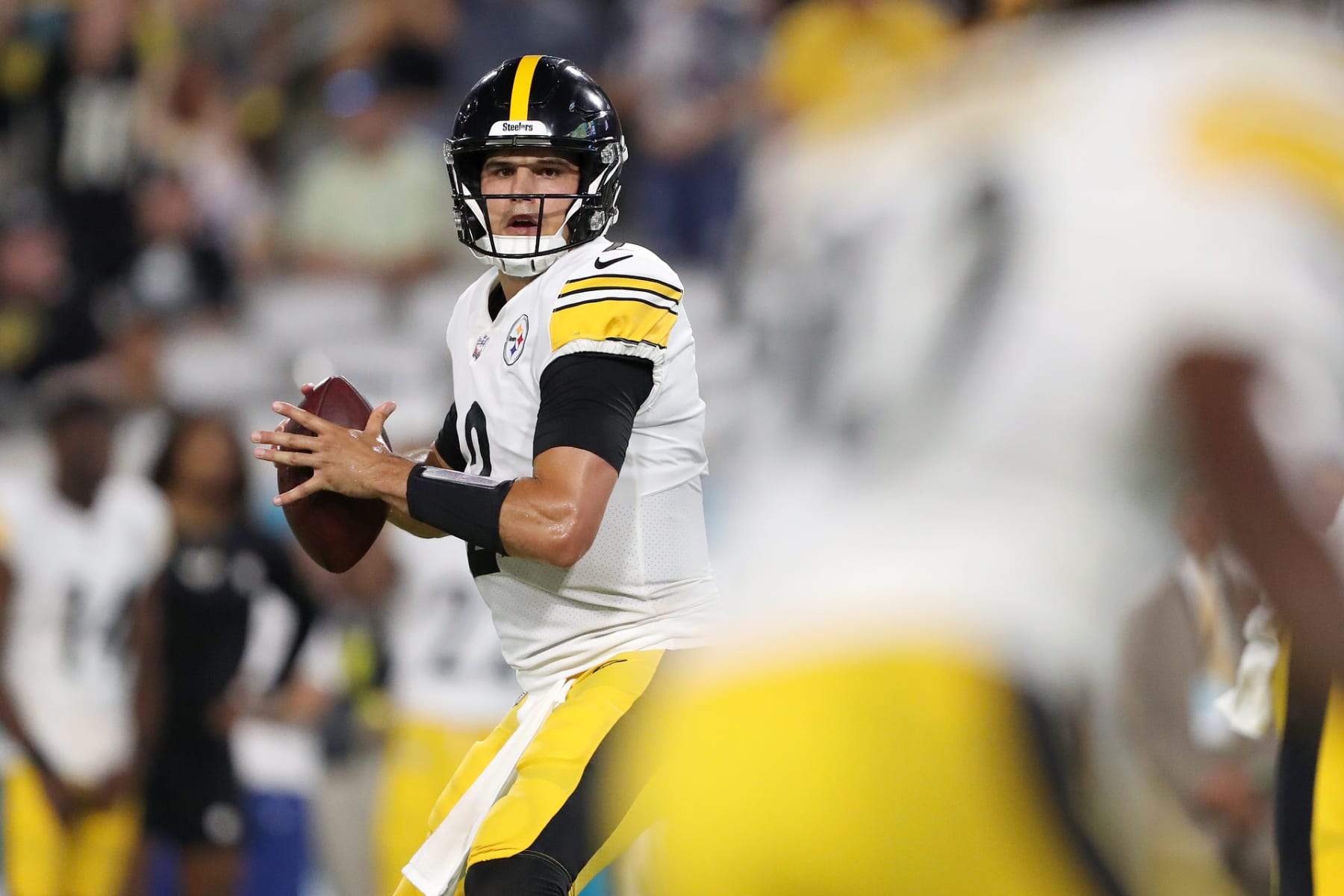 JACKSONVILLE, FLORIDA - AUGUST 20: Mason Rudolph #2 of the Pittsburgh Steelers drops back to pass in the second half against the Jacksonville Jaguars at TIAA Bank Field on August 20, 2022 in Jacksonville, Florida. (Photo by Courtney Culbreath/Getty Images)