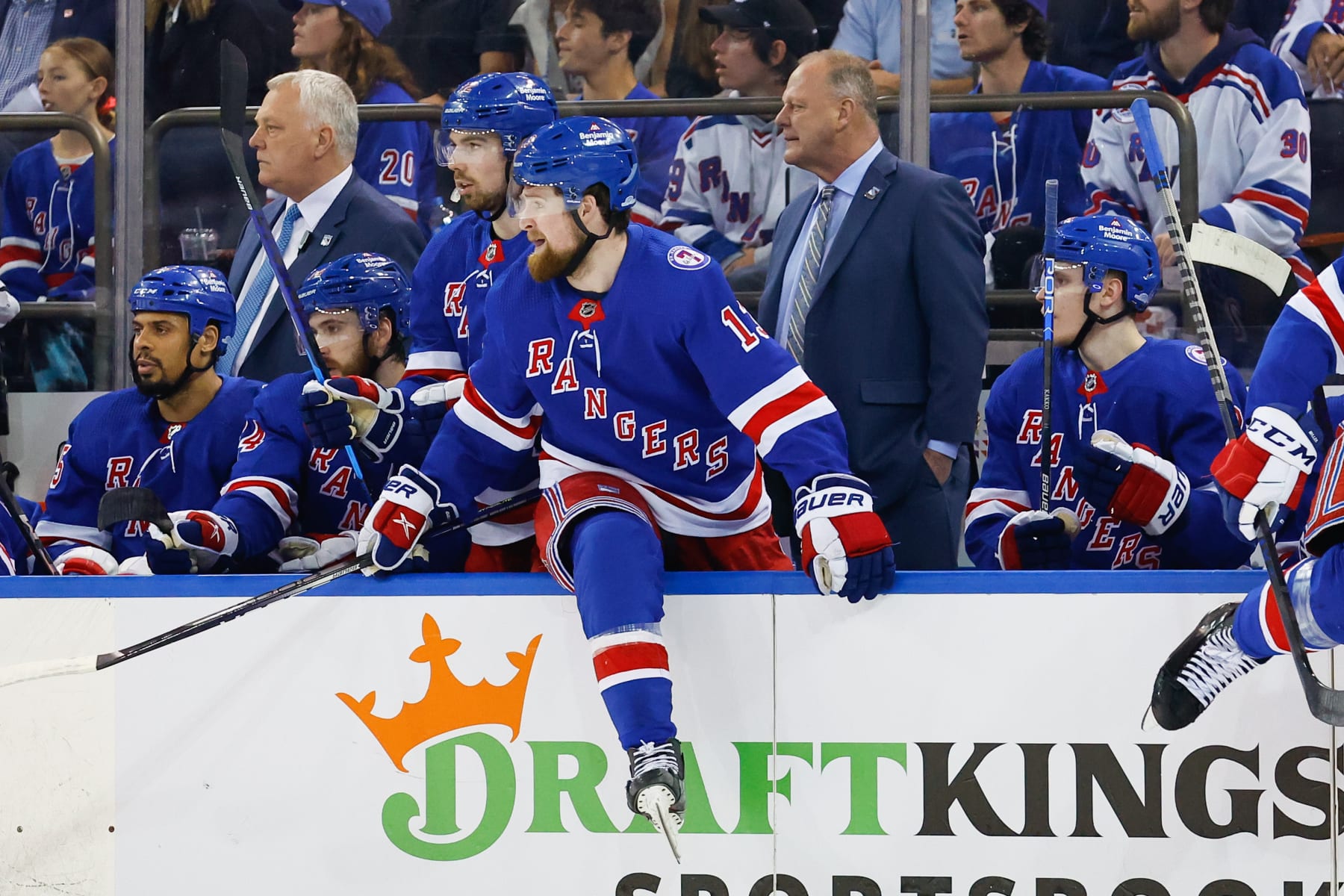 NEW YORK, NY - MAY 28:  New York Rangers left wing Alexis Lafrenière (13) comes off the bench against the Carolina Hurricanes during Game 6 of round 2 of the Stanley Cup playoffs on May 28, 2022 at Madison Square Garden in New York, New York.   (Photo by Rich Graessle/Icon Sportswire via Getty Images)