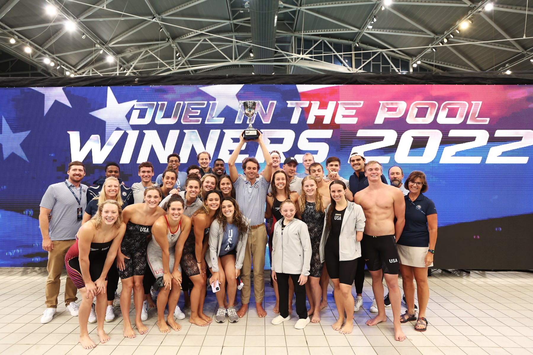 SYDNEY, AUSTRALIA - AUGUST 21:  Team USA celebrate victory in the 2022 Duel in the Pool at Sydney Olympic Park  Aquatic Centre on August 21, 2022 in Sydney, Australia. (Photo by Matt King/Getty Images)