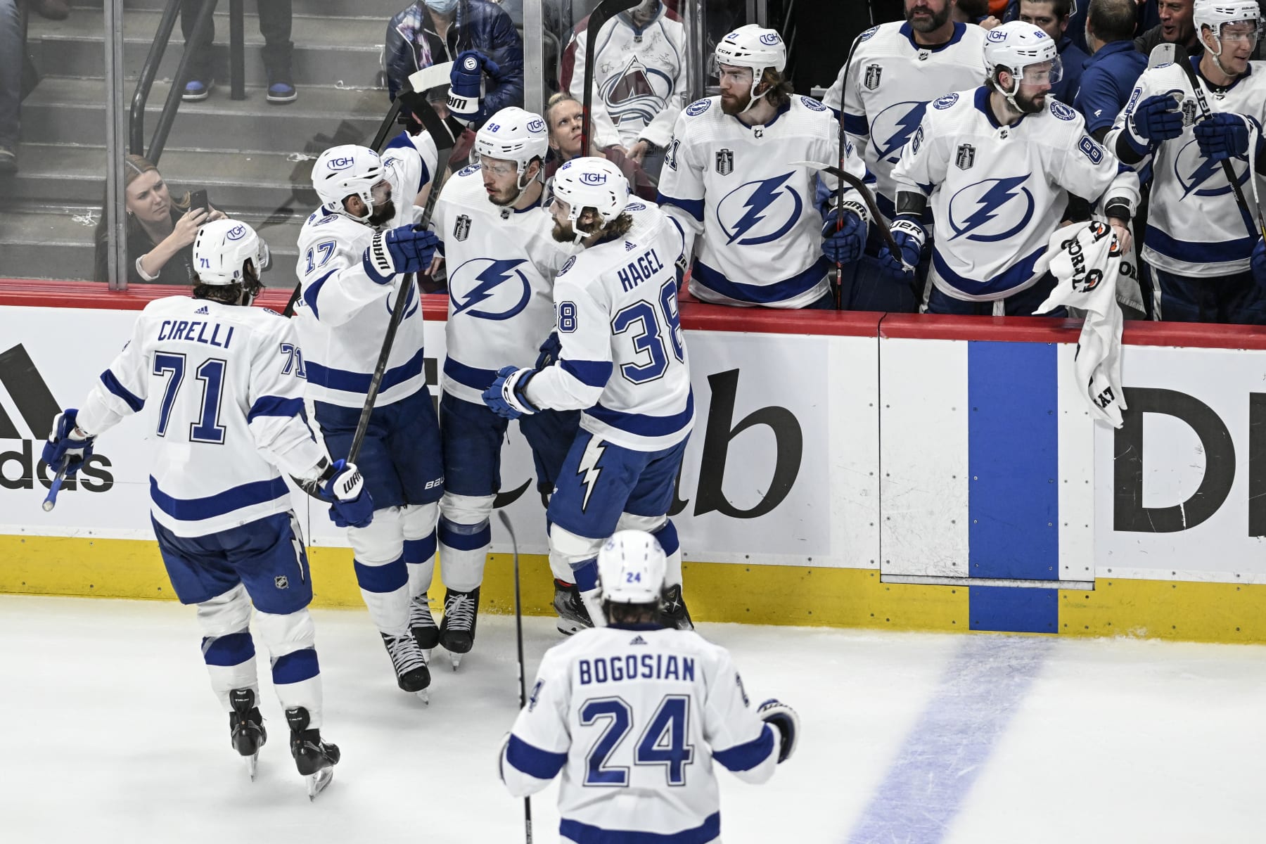 DENVER, CO - JUNE 15: Mikhail Sergachev (98) of the Tampa Bay Lightning celebrates his goal with Anthony Cirelli (71), Alex Killorn (17), Brandon Hagel (38) and Zach Bogosian (24) during the second period against the Colorado Avalanche on Wednesday, June 15, 2022. (Photo by AAron Ontiveroz/MediaNews Group/The Denver Post via Getty Images)