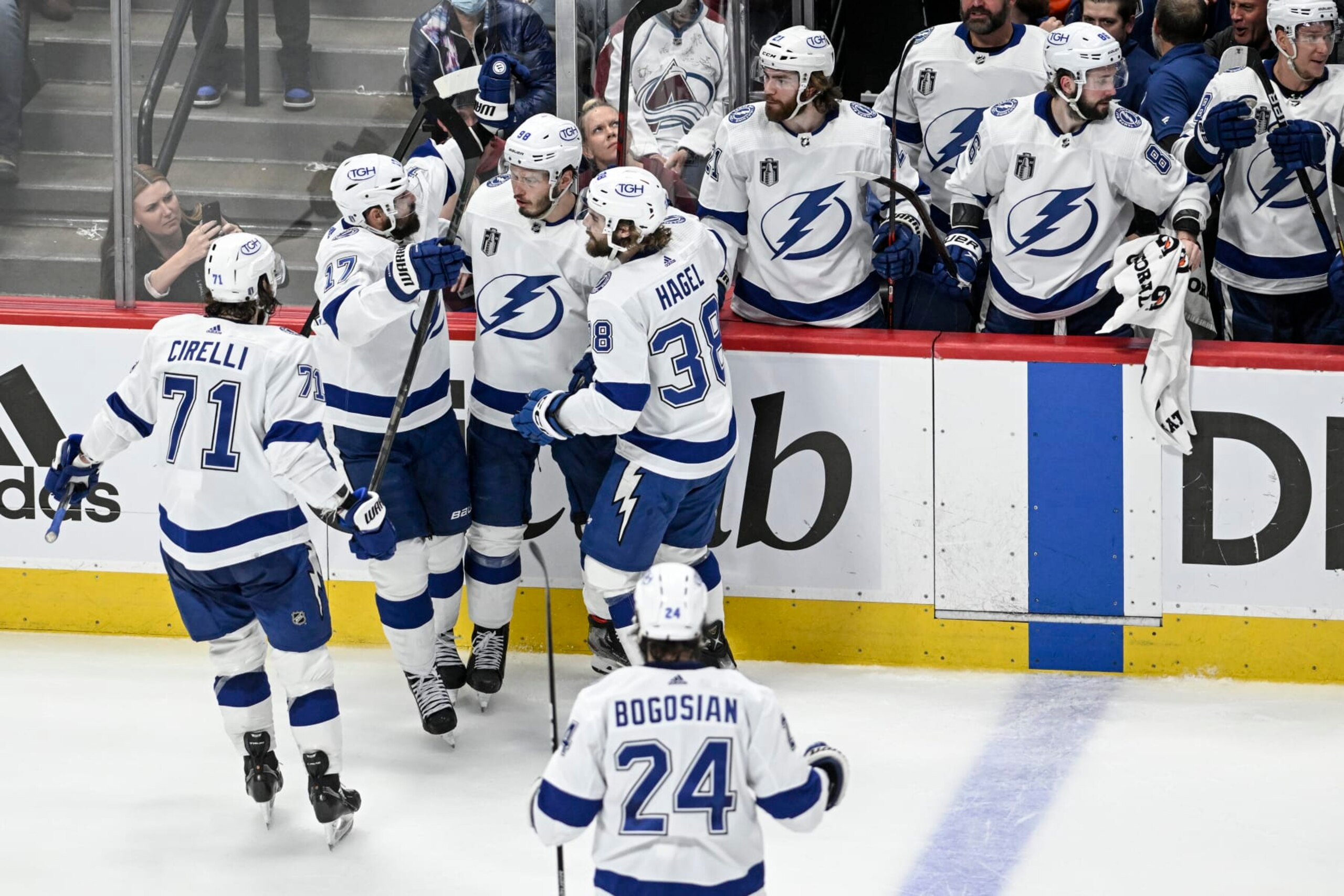 DENVER, CO - JUNE 15: Mikhail Sergachev (98) of the Tampa Bay Lightning celebrates his goal with Anthony Cirelli (71), Alex Killorn (17), Brandon Hagel (38) and Zach Bogosian (24) during the second period against the Colorado Avalanche on Wednesday, June 15, 2022. (Photo by AAron Ontiveroz/MediaNews Group/The Denver Post via Getty Images)