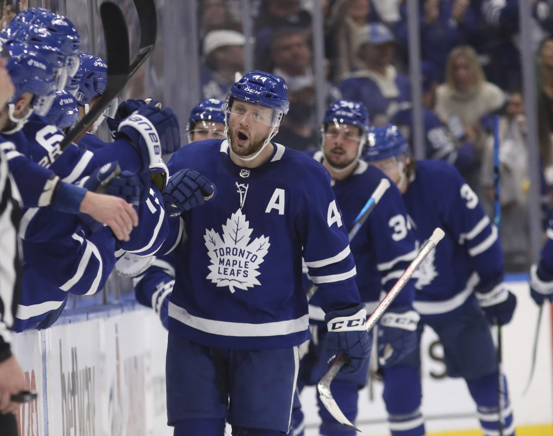 TORONTO, ON - May 14  In second period action, Morgan Rielly (44) of the Toronto Maple Leafs celebrates his goal.
The Toronto Maple Leafs took on the Tampa Bay Lightning in NHL hockey action at the Scotiabank Arena in Toronto.  This is the seventh game of the first round of playoffs
May 14 2022        (Richard Lautens/Toronto Star via Getty Images)