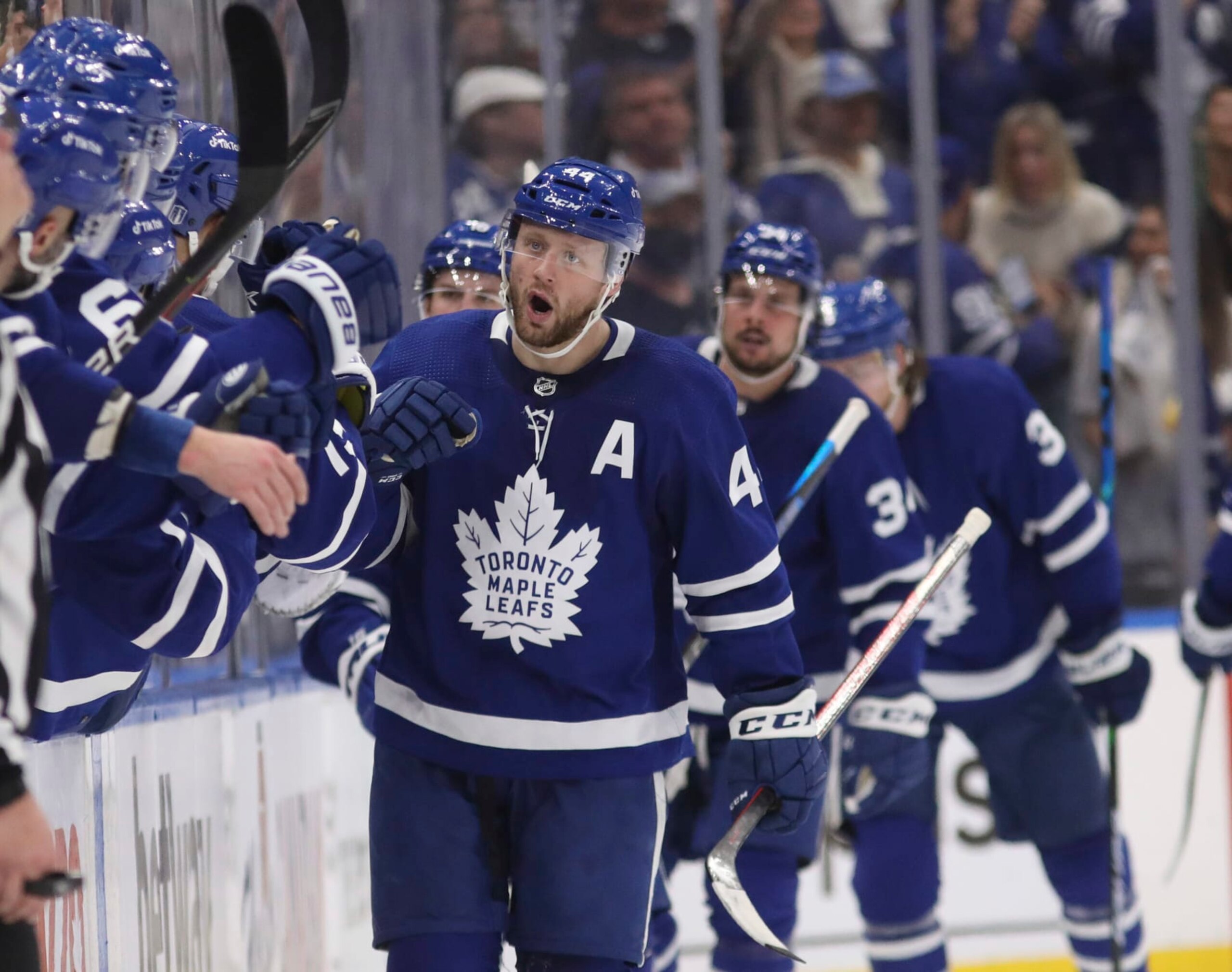 TORONTO, ON - May 14  In second period action, Morgan Rielly (44) of the Toronto Maple Leafs celebrates his goal.
The Toronto Maple Leafs took on the Tampa Bay Lightning in NHL hockey action at the Scotiabank Arena in Toronto.  This is the seventh game of the first round of playoffs
May 14 2022        (Richard Lautens/Toronto Star via Getty Images)