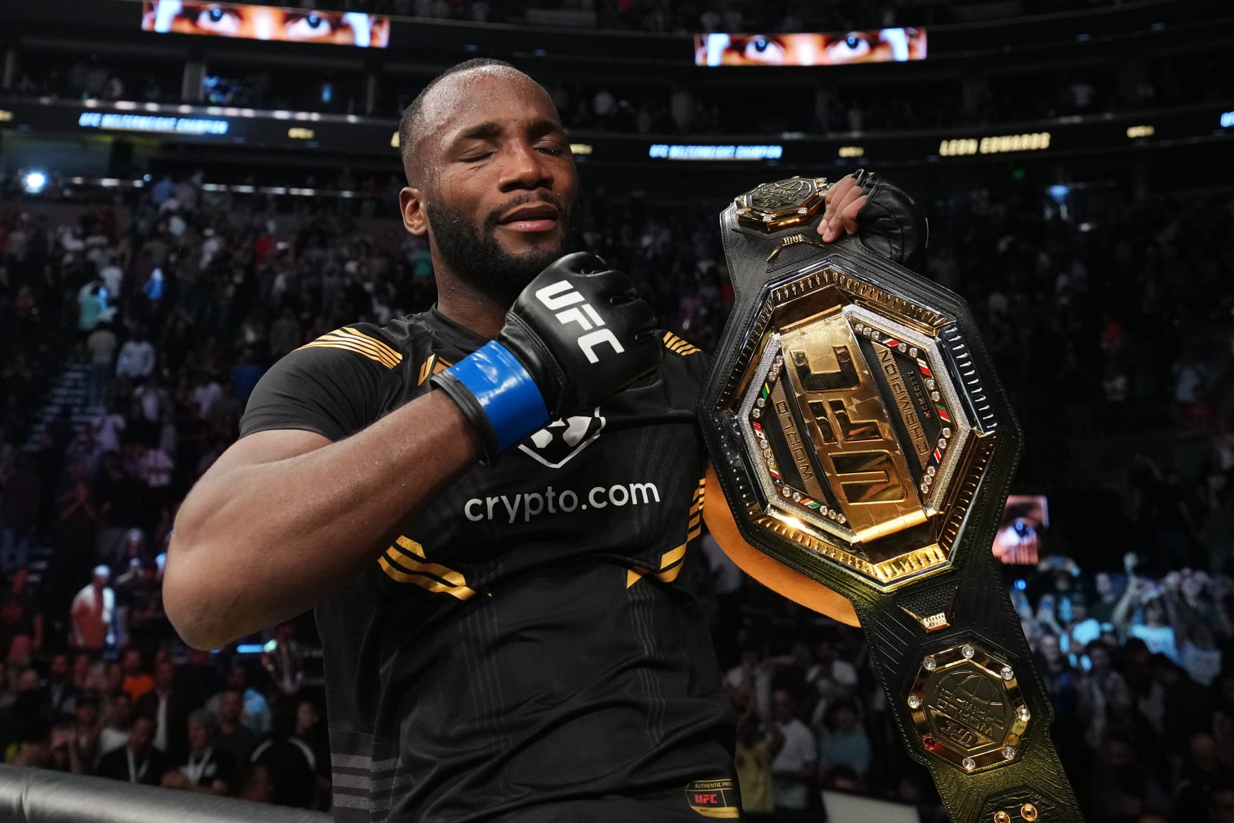 SALT LAKE CITY, UTAH - AUGUST 20: Leon Edwards of Jamaica reacts after defeating Kamaru Usman of Nigeria in the UFC welterweight championship fight during the UFC 278 event at Vivint Arena on August 20, 2022 in Salt Lake City, Utah. (Photo by Josh Hedges/Zuffa LLC)