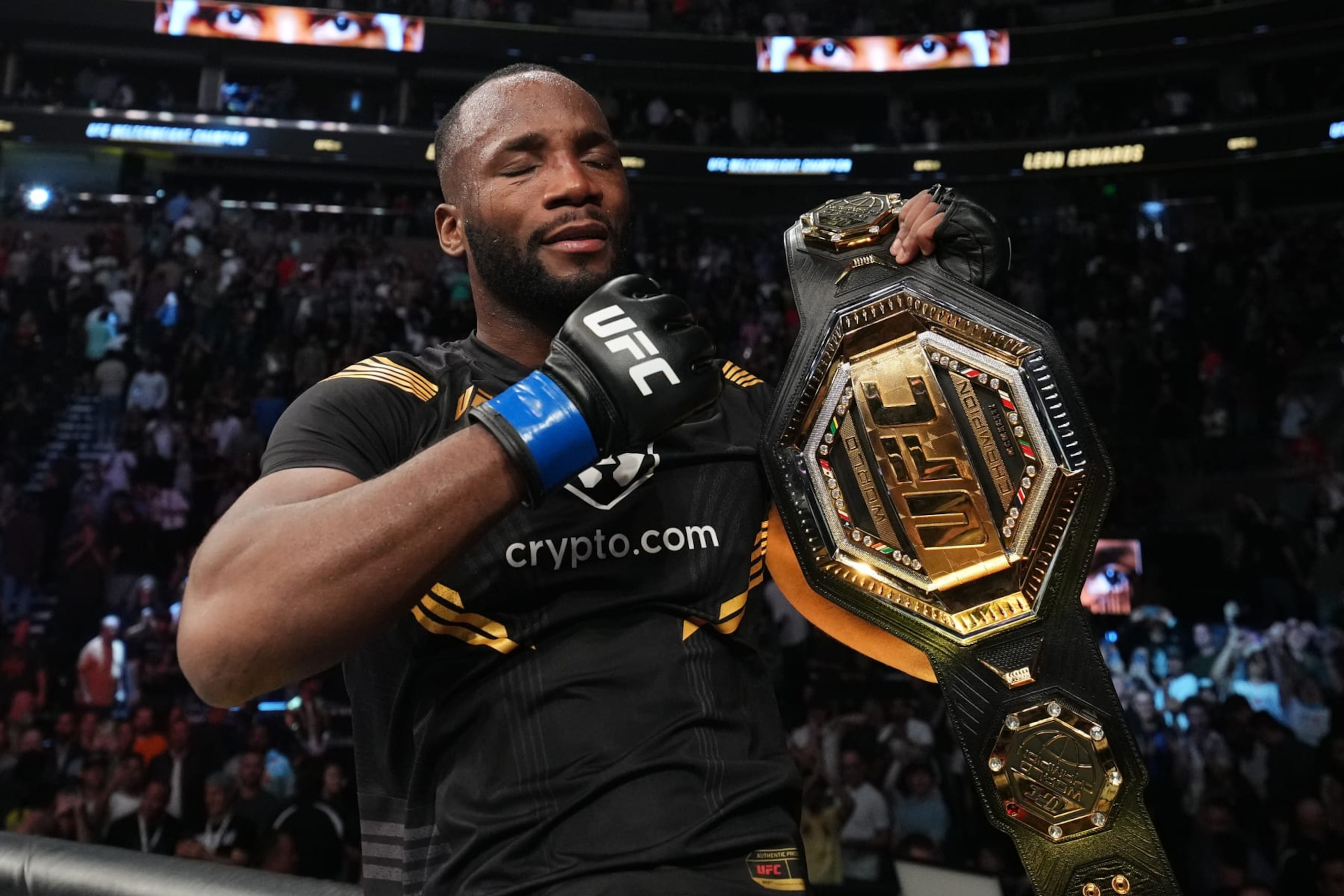 SALT LAKE CITY, UTAH - AUGUST 20: Leon Edwards of Jamaica reacts after defeating Kamaru Usman of Nigeria in the UFC welterweight championship fight during the UFC 278 event at Vivint Arena on August 20, 2022 in Salt Lake City, Utah. (Photo by Josh Hedges/Zuffa LLC)