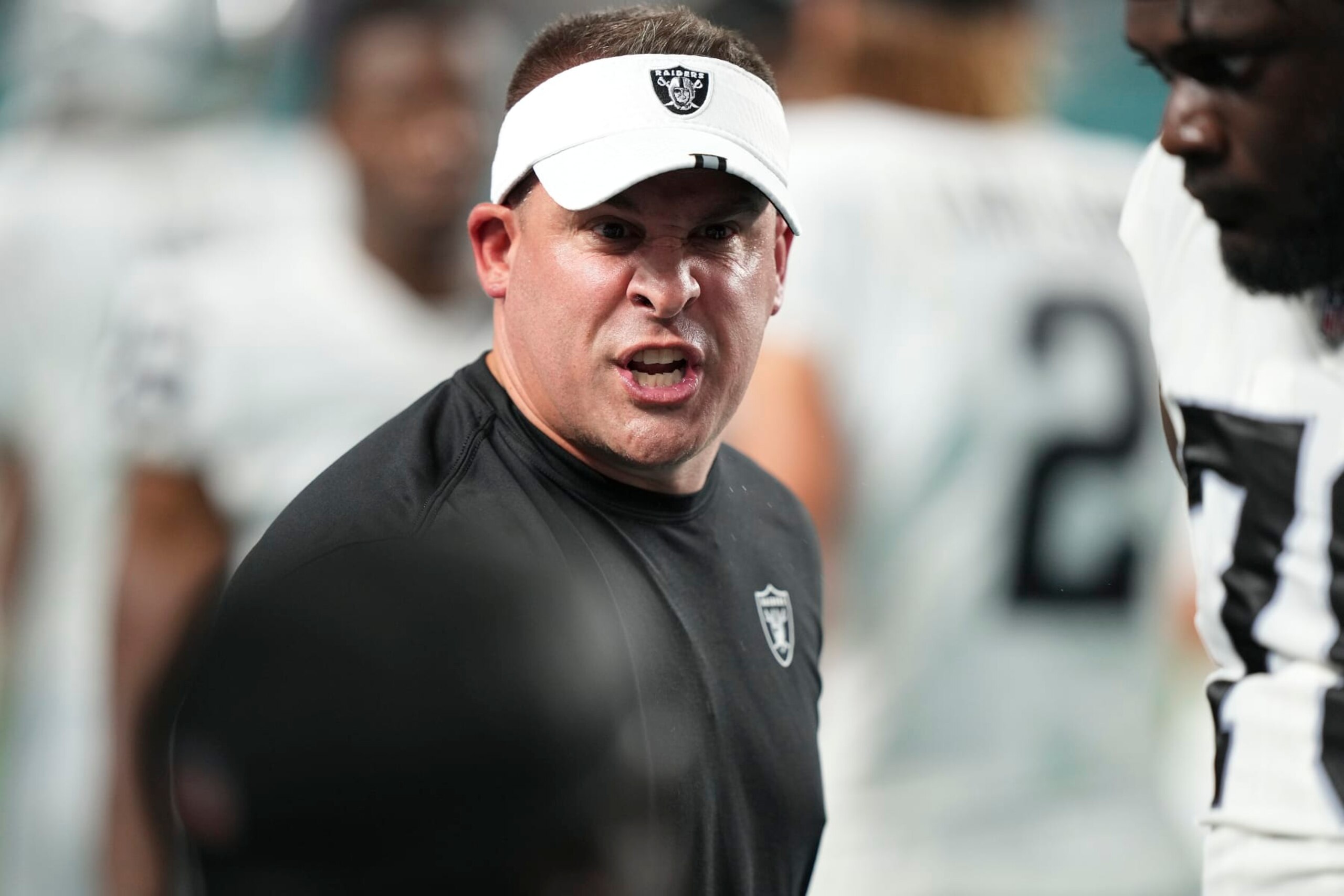 MIAMI GARDENS, FLORIDA - AUGUST 20: Head Coach Josh McDaniels of the Las Vegas Raiders on the sidelines during the first half of the game against the Miami Dolphins at Hard Rock Stadium on August 20, 2022 in Miami Gardens, Florida. (Photo by Eric Espada/Getty Images)