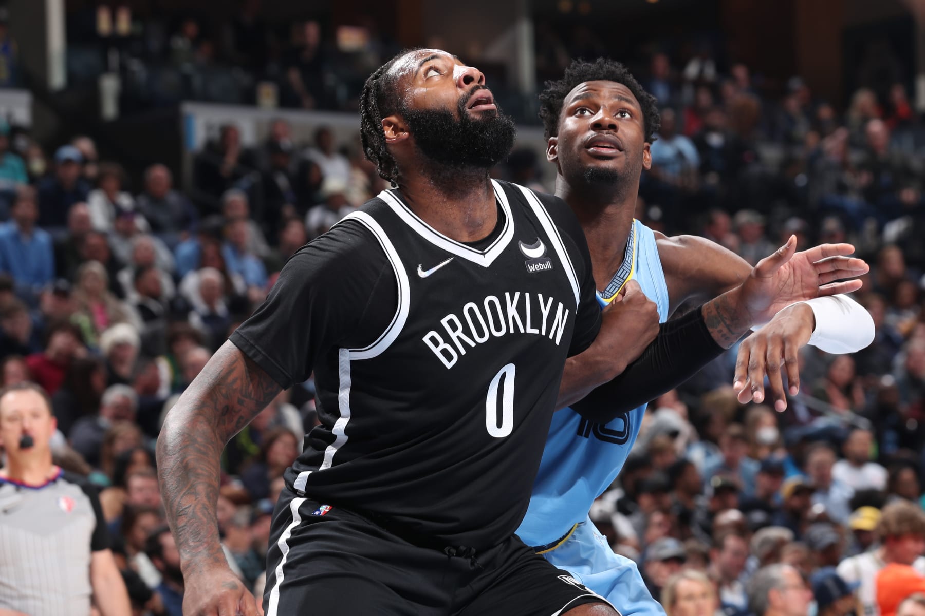MEMPHIS, TN - MARCH 23: Andre Drummond #0 of the Brooklyn Nets and Jaren Jackson Jr. #13 of the Memphis Grizzlies look for the rebound during the game on March 23, 2022 at FedExForum in Memphis, Tennessee. NOTE TO USER: User expressly acknowledges and agrees that, by downloading and or using this photograph, User is consenting to the terms and conditions of the Getty Images License Agreement. Mandatory Copyright Notice: Copyright 2022 NBAE (Photo by Joe Murphy/NBAE via Getty Images) MEMPHIS, TN - MARCH 23: Andre Drummond #0 of the Brooklyn Nets and Jaren Jackson Jr. #13 of the Memphis Grizzlies look for the rebound during the game on March 23, 2022 at FedExForum in Memphis, Tennessee. NOTE TO USER: User expressly acknowledges and agrees that, by downloading and or using this photograph, User is consenting to the terms and conditions of the Getty Images License Agreement. Mandatory Copyright Notice: Copyright 2022 NBAE (Photo by Joe Murphy/NBAE via Getty Images)