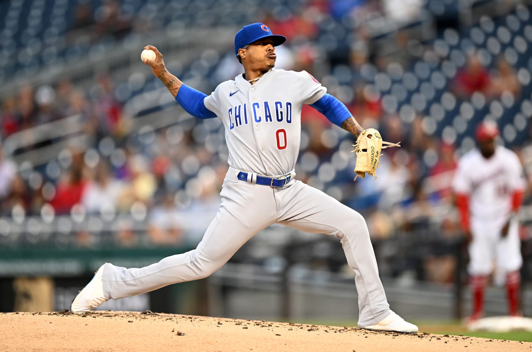 WASHINGTON, DC - AUGUST 15: Marcus Stroman #0 of the Chicago Cubs pitches in the first inning against the Washington Nationals at Nationals Park on August 15, 2022 in Washington, DC. (Photo by Greg Fiume/Getty Images)