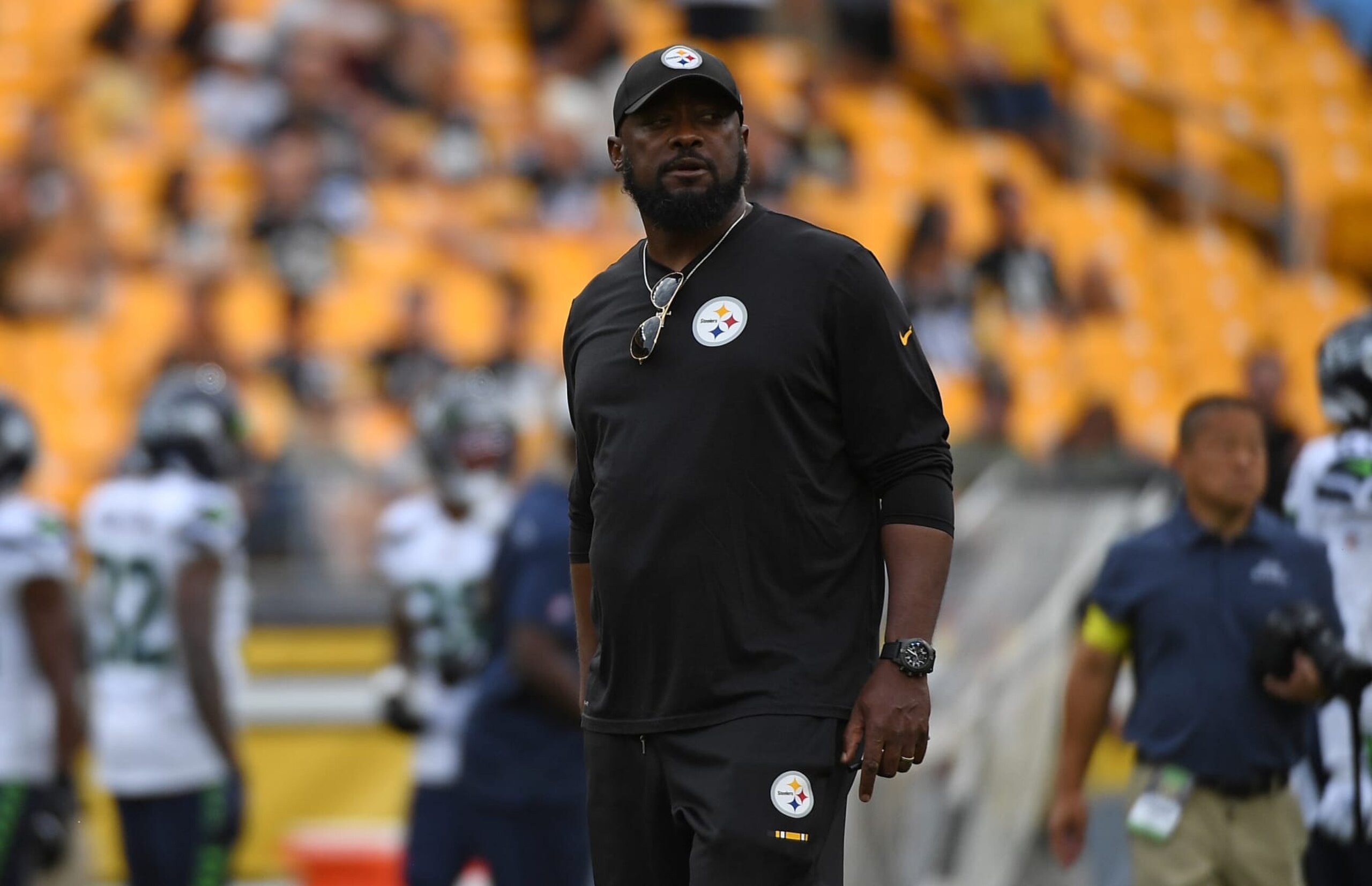 PITTSBURGH, PA - AUGUST 13: Head Coach Mike Tomlin of the Pittsburgh Steelers looks on during warm ups before a preseason game against the Seattle Seahawks at Acrisure Stadium on August 13, 2022 in Pittsburgh, Pennsylvania. (Photo by Justin Berl/Getty Images) PITTSBURGH, PA - AUGUST 13: Head Coach Mike Tomlin of the Pittsburgh Steelers looks on during warm ups before a preseason game against the Seattle Seahawks at Acrisure Stadium on August 13, 2022 in Pittsburgh, Pennsylvania. (Photo by Justin Berl/Getty Images)