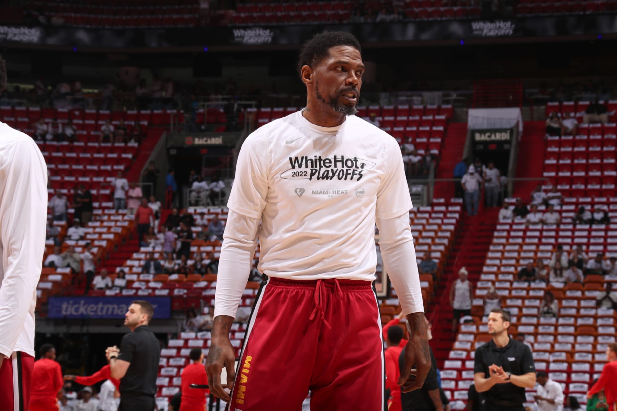 MIAMI, FL - APRIL 26: Udonis Haslem #40 of the Miami Heat looks on before the game against the Atlanta Hawks during Round 1 Game 5 of the 2022 NBA Playoffs on April 26, 2022 at FTX Arena in Miami, Florida. NOTE TO USER: User expressly acknowledges and agrees that, by downloading and or using this Photograph, user is consenting to the terms and conditions of the Getty Images License Agreement. Mandatory Copyright Notice: Copyright 2022 NBAE (Photo by Issac Baldizon/NBAE via Getty Images) MIAMI, FL - APRIL 26: Udonis Haslem #40 of the Miami Heat looks on before the game against the Atlanta Hawks during Round 1 Game 5 of the 2022 NBA Playoffs on April 26, 2022 at FTX Arena in Miami, Florida. NOTE TO USER: User expressly acknowledges and agrees that, by downloading and or using this Photograph, user is consenting to the terms and conditions of the Getty Images License Agreement. Mandatory Copyright Notice: Copyright 2022 NBAE (Photo by Issac Baldizon/NBAE via Getty Images)