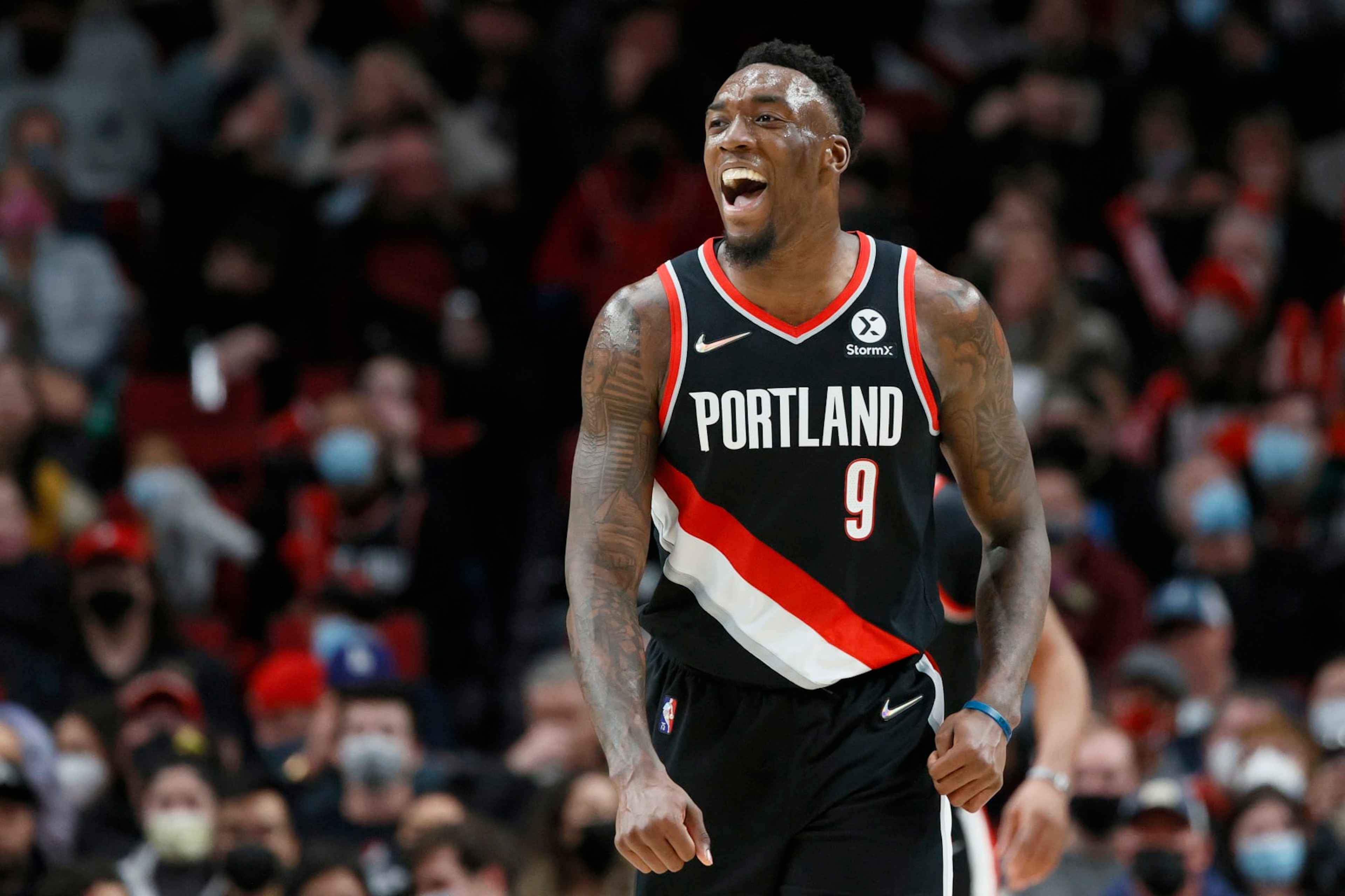 PORTLAND, OREGON - JANUARY 25: Nassir Little #9 of the Portland Trail Blazers reacts during the first half against the Minnesota Timberwolves at Moda Center on January 25, 2022 in Portland, Oregon. NOTE TO USER: User expressly acknowledges and agrees that, by downloading and/or using this photograph, User is consenting to the terms and conditions of the Getty Images License Agreement. (Photo by Steph Chambers/Getty Images) PORTLAND, OREGON - JANUARY 25: Nassir Little #9 of the Portland Trail Blazers reacts during the first half against the Minnesota Timberwolves at Moda Center on January 25, 2022 in Portland, Oregon. NOTE TO USER: User expressly acknowledges and agrees that, by downloading and/or using this photograph, User is consenting to the terms and conditions of the Getty Images License Agreement. (Photo by Steph Chambers/Getty Images)