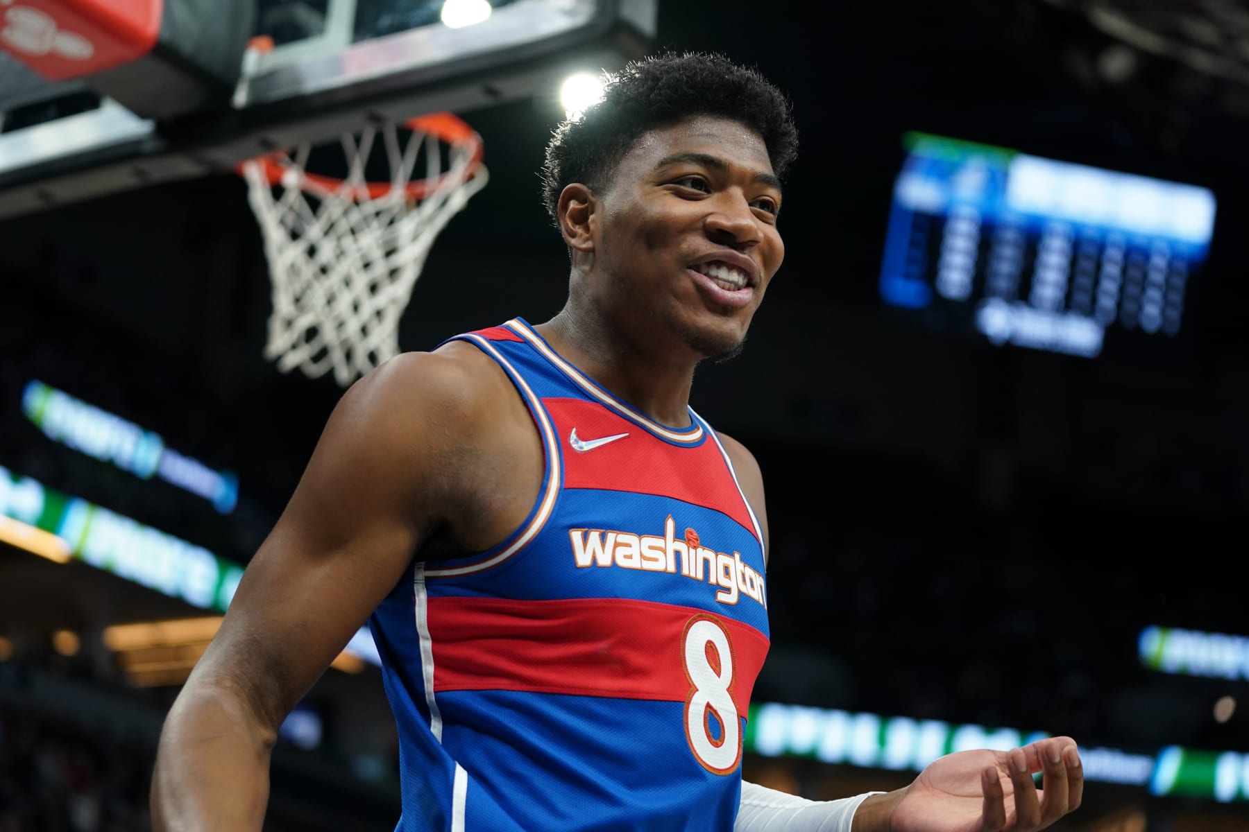 MINNEAPOLIS, MN -  APRIL 5: Rui Hachimura #8 of the Washington Wizards smiles during the game against the Minnesota Timberwolves on April 5, 2022 at Target Center in Minneapolis, Minnesota. NOTE TO USER: User expressly acknowledges and agrees that, by downloading and or using this Photograph, user is consenting to the terms and conditions of the Getty Images License Agreement. Mandatory Copyright Notice: Copyright 2022 NBAE (Photo by Jordan Johnson/NBAE via Getty Images)