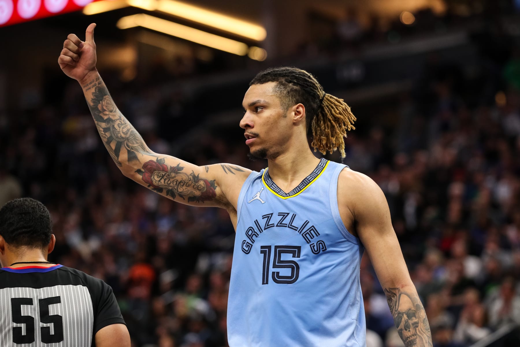 MINNEAPOLIS, MN - APRIL 23: Brandon Clarke #15 of the Memphis Grizzlies reacts to a call on the floor against the Minnesota Timberwolves in the first quarter of the game during Game Four of the Western Conference First Round at Target Center on April 23, 2022 in Minneapolis, Minnesota. The Timberwolves defeated the Grizzlies 119-118 to tie the series 2-2. NOTE TO USER: User expressly acknowledges and agrees that, by downloading and or using this Photograph, user is consenting to the terms and conditions of the Getty Images License Agreement. (Photo by David Berding/Getty Images)