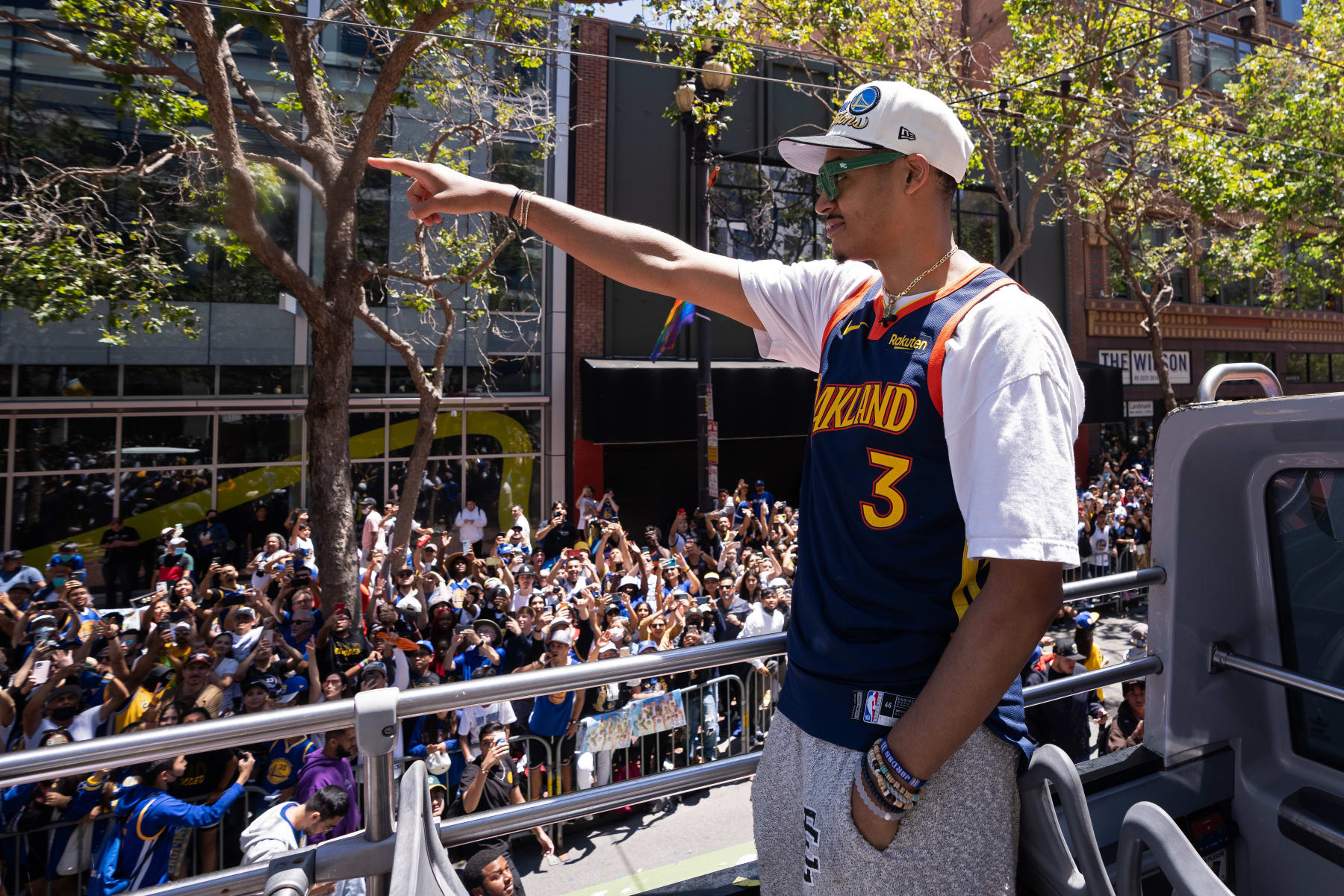 SAN FRANCISCO, CA - JUNE 20: Jordan Poole #3 of the Golden State Warriors during their 2022 Victory Parade & Rally on June 20, 2022 at Chase Center in San Francisco, California. NOTE TO USER: User expressly acknowledges and agrees that, by downloading and or using this photograph, user is consenting to the terms and conditions of Getty Images License Agreement. Mandatory Copyright Notice: Copyright 2022 NBAE (Photo by Josh Leung/NBAE via Getty Images)