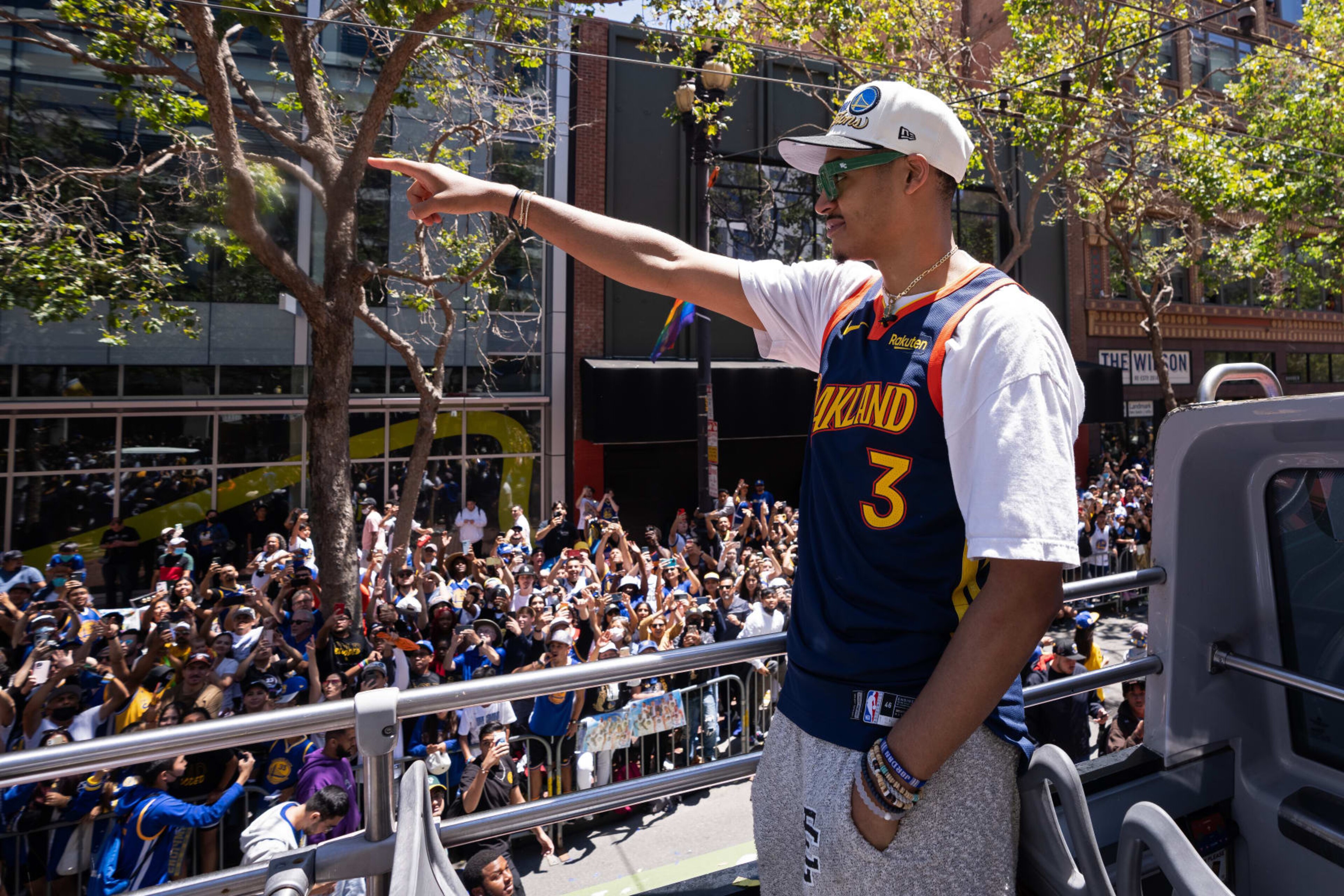 SAN FRANCISCO, CA - JUNE 20: Jordan Poole #3 of the Golden State Warriors during their 2022 Victory Parade & Rally on June 20, 2022 at Chase Center in San Francisco, California. NOTE TO USER: User expressly acknowledges and agrees that, by downloading and or using this photograph, user is consenting to the terms and conditions of Getty Images License Agreement. Mandatory Copyright Notice: Copyright 2022 NBAE (Photo by Josh Leung/NBAE via Getty Images) SAN FRANCISCO, CA - JUNE 20: Jordan Poole #3 of the Golden State Warriors during their 2022 Victory Parade & Rally on June 20, 2022 at Chase Center in San Francisco, California. NOTE TO USER: User expressly acknowledges and agrees that, by downloading and or using this photograph, user is consenting to the terms and conditions of Getty Images License Agreement. Mandatory Copyright Notice: Copyright 2022 NBAE (Photo by Josh Leung/NBAE via Getty Images)