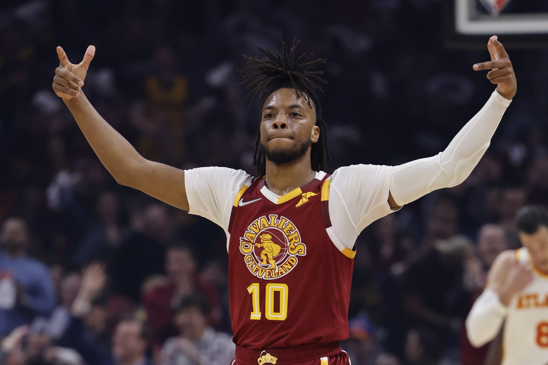 CLEVELAND, OHIO - APRIL 15: Darius Garland #10 of the Cleveland Cavaliers celebrates during the first half against the Atlanta Hawks at Rocket Mortgage Fieldhouse on April 15, 2022 in Cleveland, Ohio. NOTE TO USER: User expressly acknowledges and agrees that, by downloading and or using this photograph, User is consenting to the terms and conditions of the Getty Images License Agreement. (Photo by Rick Osentoski/Getty Images)