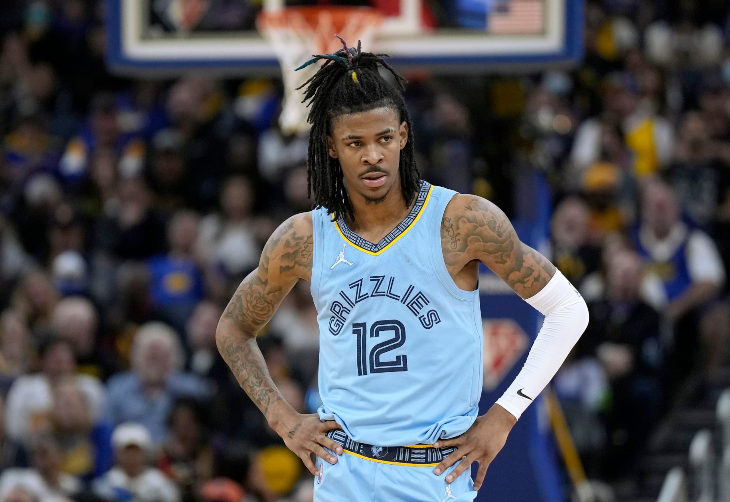 SAN FRANCISCO, CALIFORNIA - MAY 07: Ja Morant #12 of the Memphis Grizzlies looks on against the Golden State Warriors in the second half of Game Three of the Western Conference Semifinals of the NBA Playoffs at Chase Center on May 07, 2022 in San Francisco, California. NOTE TO USER: User expressly acknowledges and agrees that, by downloading and or using this photograph, User is consenting to the terms and conditions of the Getty Images License Agreement. (Photo by Thearon W. Henderson/Getty Images)