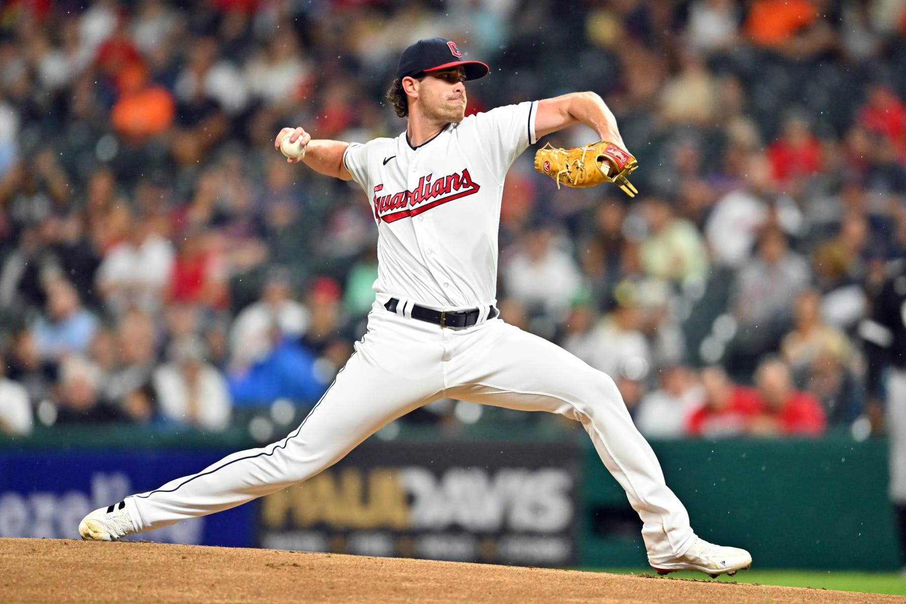 CLEVELAND, OHIO - AUGUST 20: Starting pitcher Shane Bieber #57 of the Cleveland Guardians pitches during the first inning against the Chicago White Sox at Progressive Field on August 20, 2022 in Cleveland, Ohio. (Photo by Jason Miller/Getty Images)