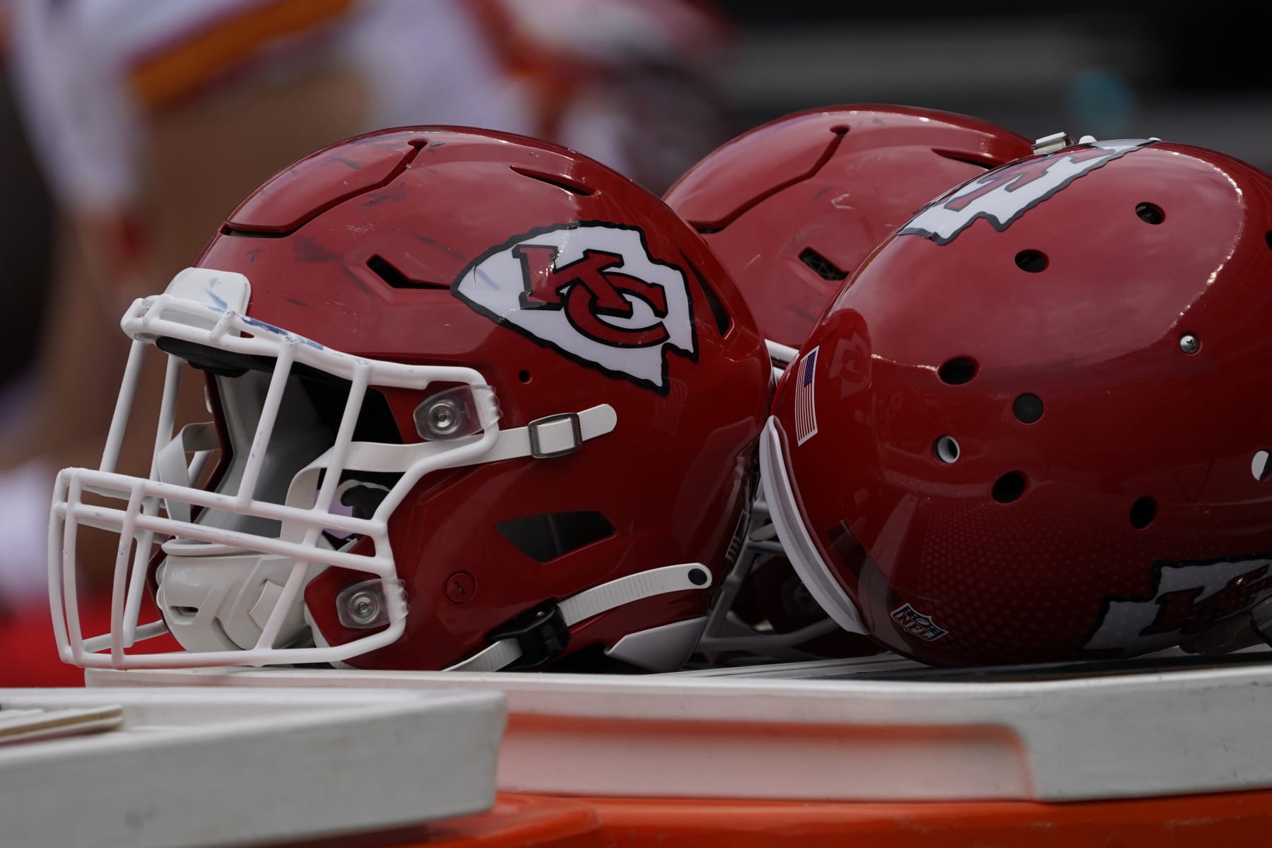 a detail shot of Kansas City Chiefs helmets during a preseason NFL football game, Saturday, Aug.13, 2022, in Chicago. (AP Photo/David Banks)