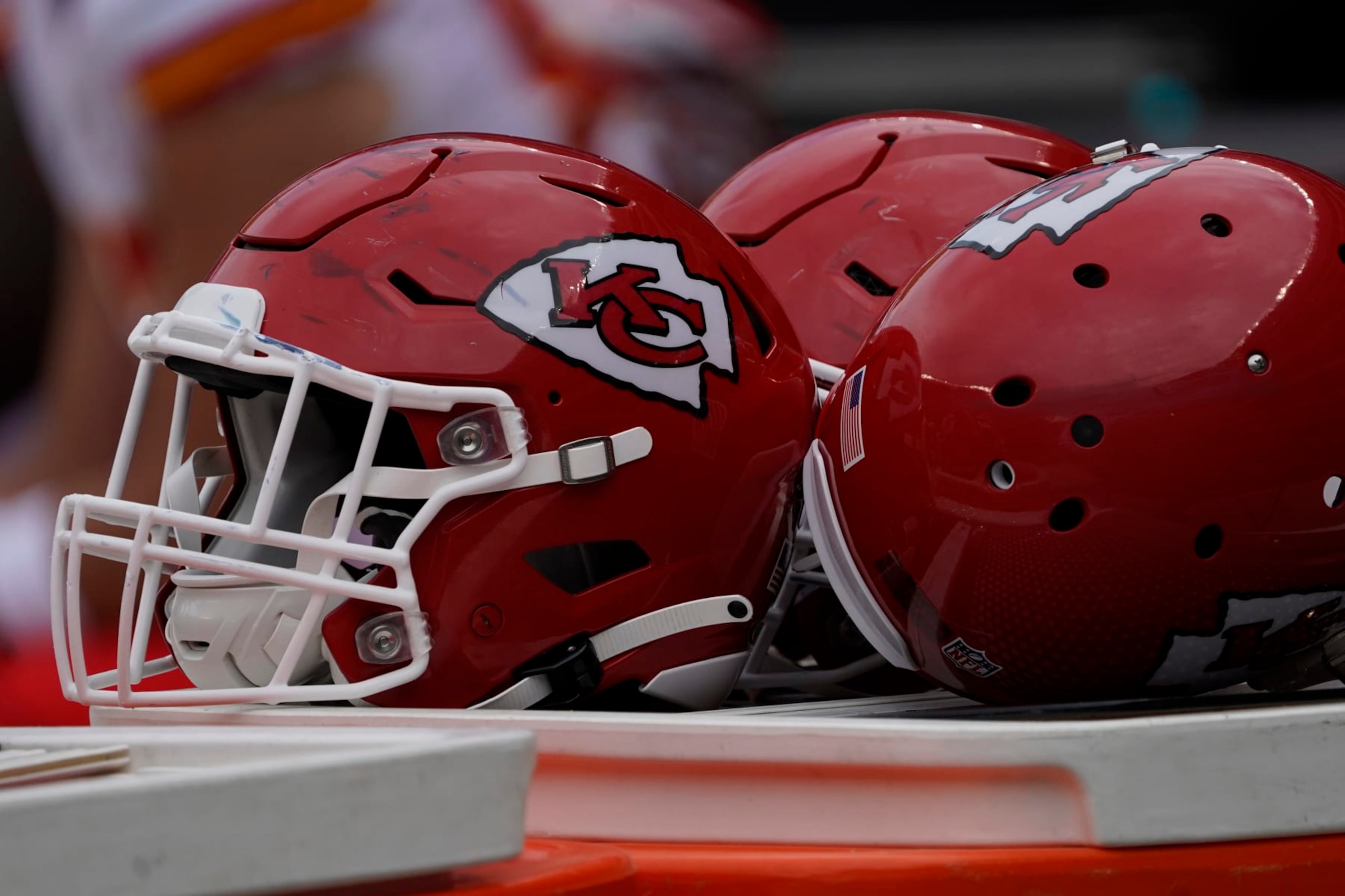 a detail shot of Kansas City Chiefs helmets during a preseason NFL football game, Saturday, Aug.13, 2022, in Chicago. (AP Photo/David Banks)