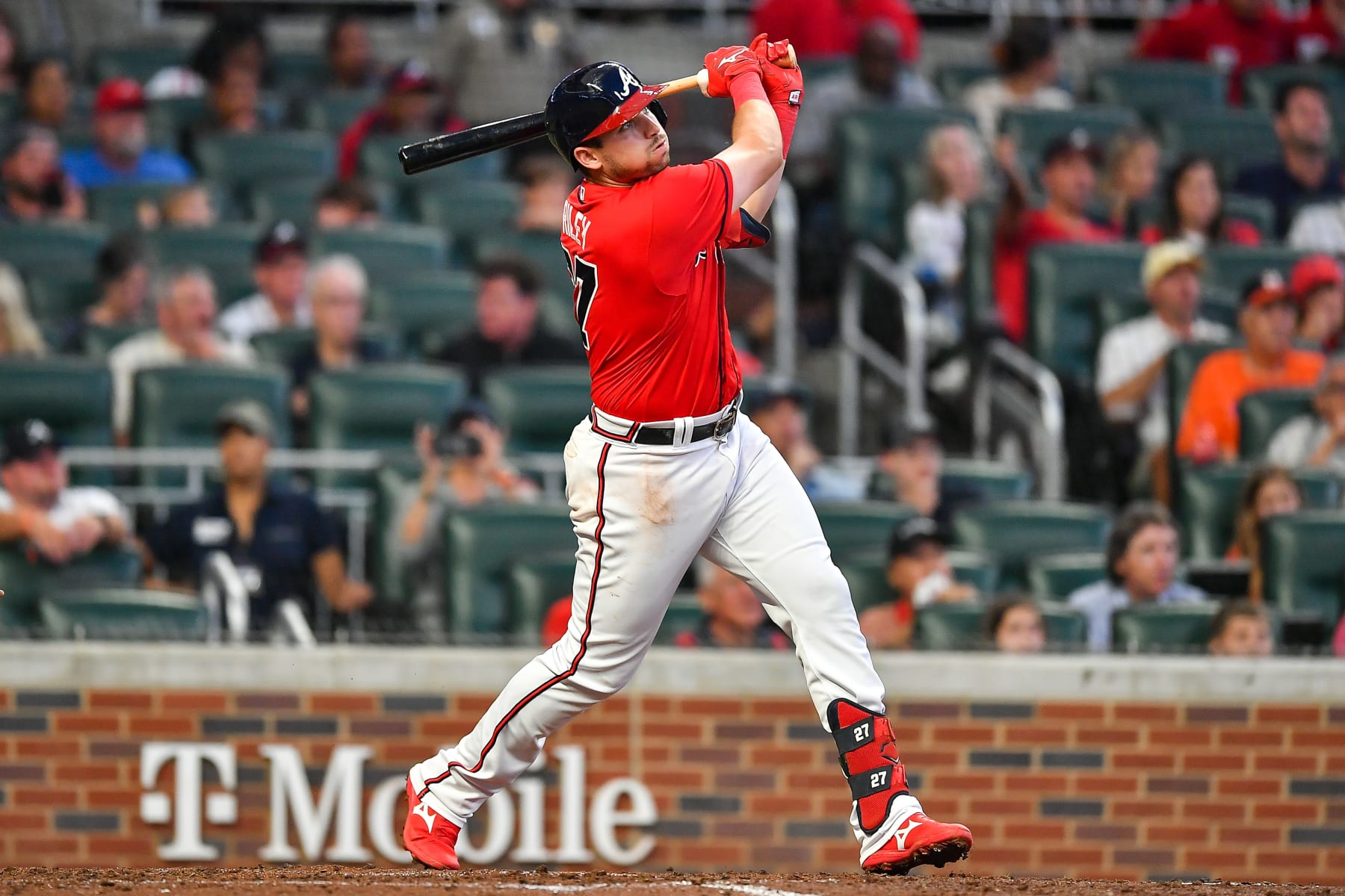 ATLANTA, GA  August 19:  Atlanta third baseman Austin Riley (27) hits a three-run home run in the third inning during the MLB game between the Houston Astros and the Atlanta Braves on August 19th, 2022 at Truist Park in Atlanta, GA. (Photo by Rich von Biberstein/Icon Sportswire via Getty Images)
