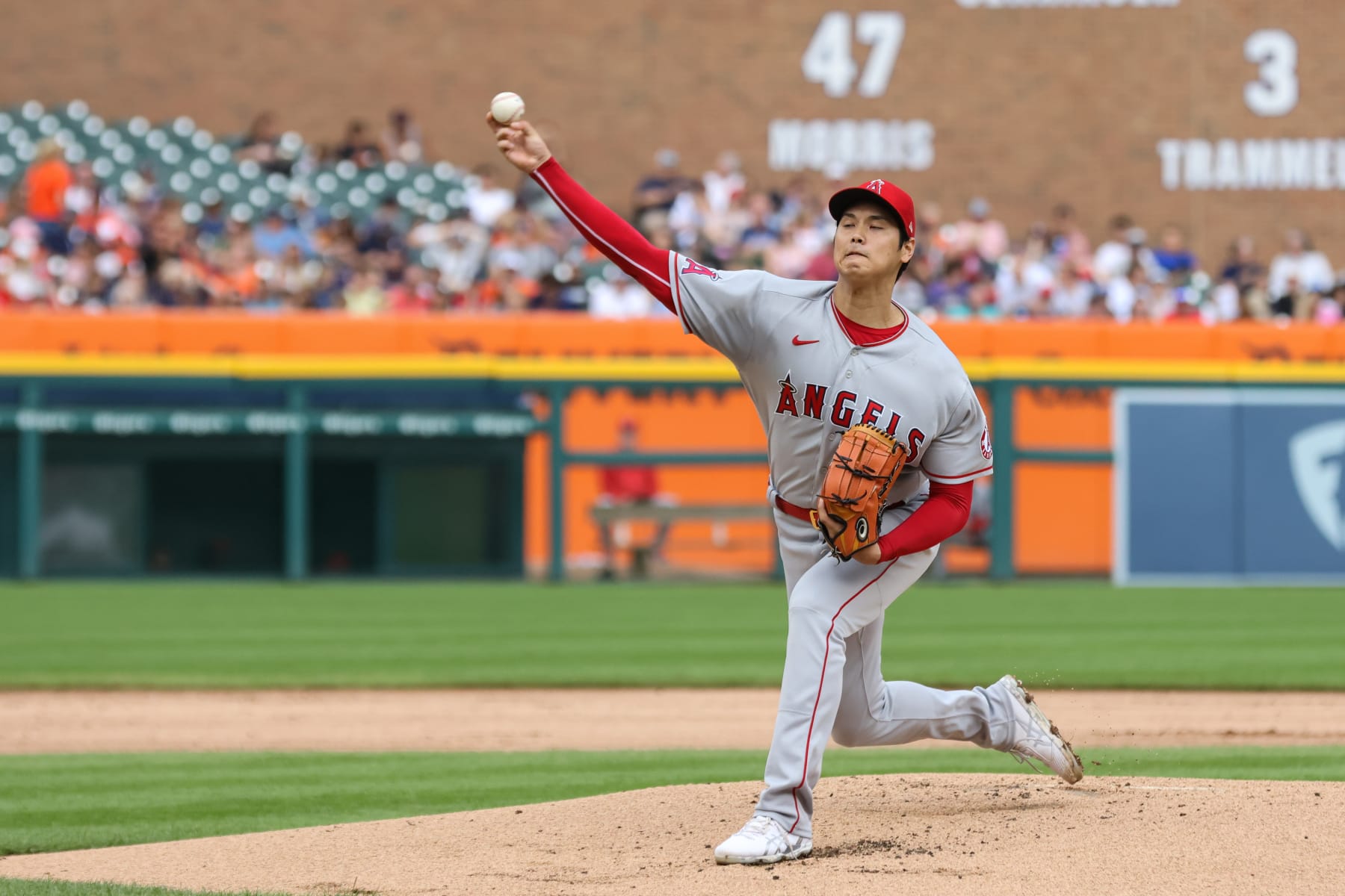 DETROIT, MI - AUGUST 21:  California Angels starting pitcher Shohei Ohtani (17) pitches during the first inning of a regular season Major League Baseball game between the California Angels and the Detroit Tigers on August 21, 2022 at Comerica Park in Detroit, Michigan. (Photo by Scott W. Grau/Icon Sportswire via Getty Images)