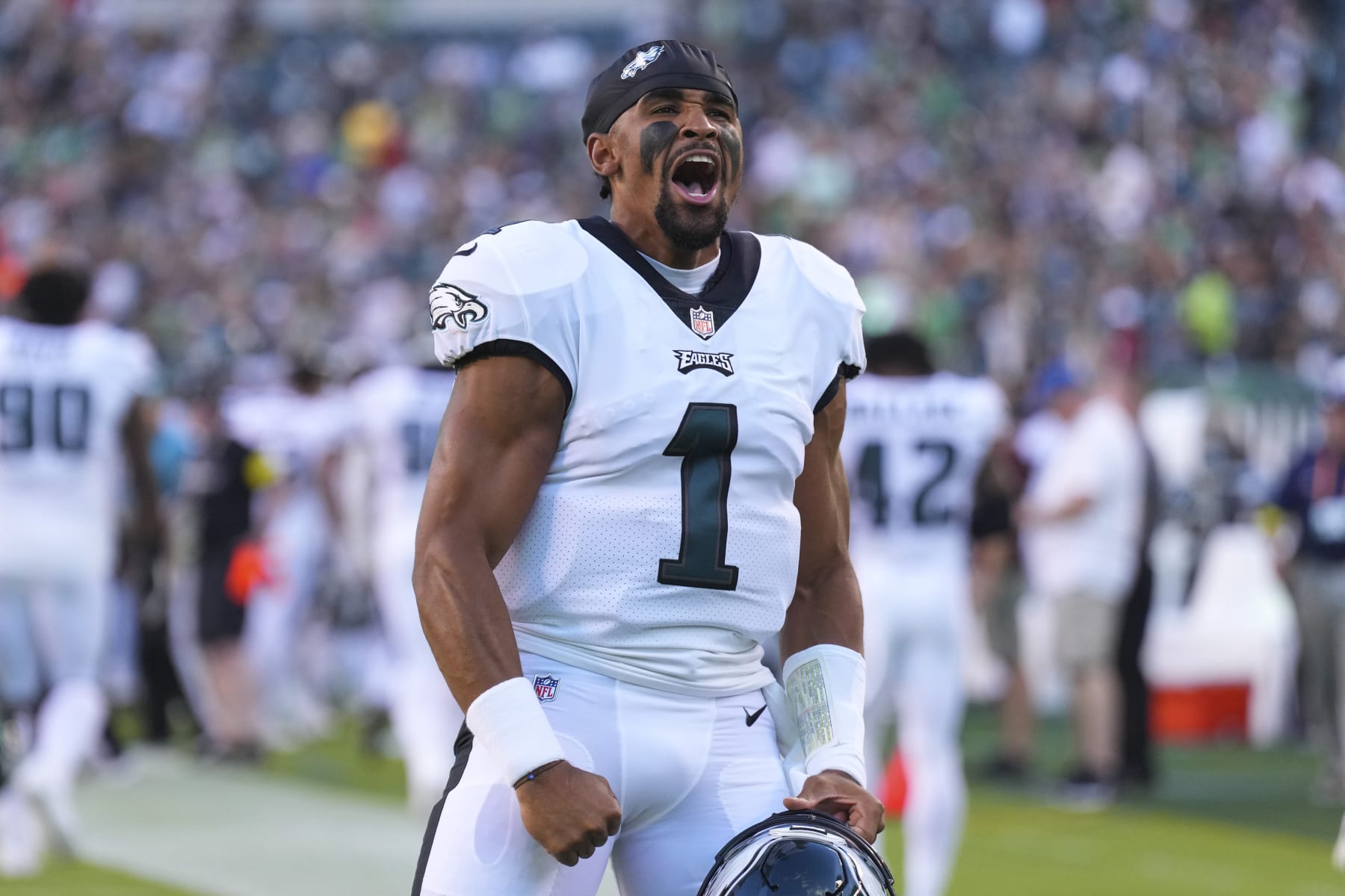 PHILADELPHIA, PA - AUGUST 12: Jalen Hurts #1 of the Philadelphia Eagles reacts prior to the preseason game against the New York Jets at Lincoln Financial Field on August 12, 2022 in Philadelphia, Pennsylvania. The Jets defeated the Eagles 24-21. (Photo by Mitchell Leff/Getty Images)