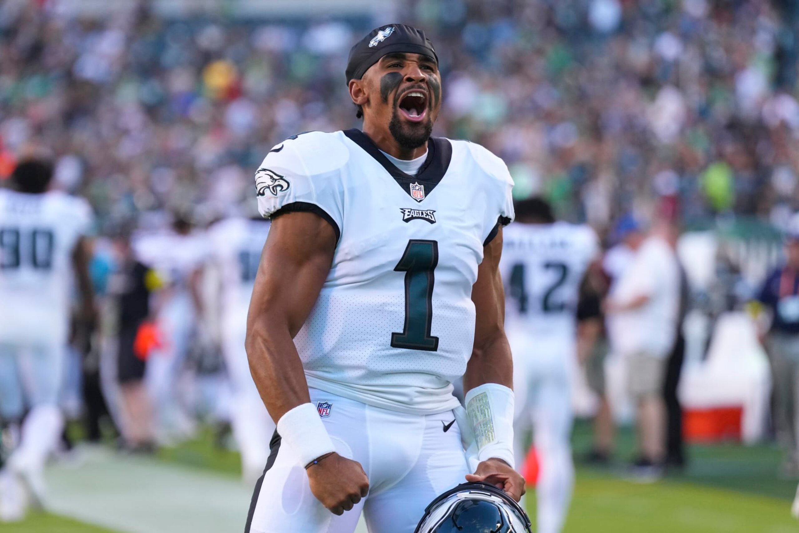 PHILADELPHIA, PA - AUGUST 12: Jalen Hurts #1 of the Philadelphia Eagles reacts prior to the preseason game against the New York Jets at Lincoln Financial Field on August 12, 2022 in Philadelphia, Pennsylvania. The Jets defeated the Eagles 24-21. (Photo by Mitchell Leff/Getty Images)