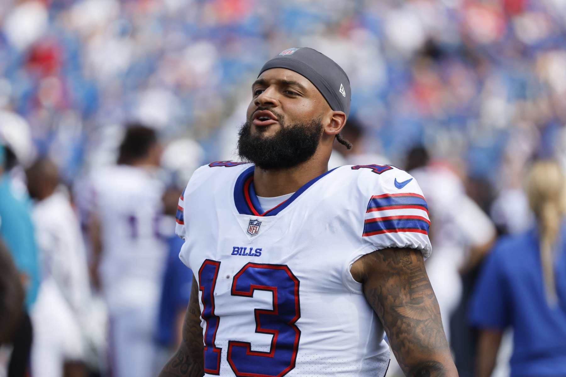 Buffalo Bills' Gabriel Davis on the sidelines during the second half of a preseason NFL football game against the Denver Broncos, Saturday, Aug. 20, 2022, in Orchard Park, N.Y. (AP Photo/Jeffrey T. Barnes)