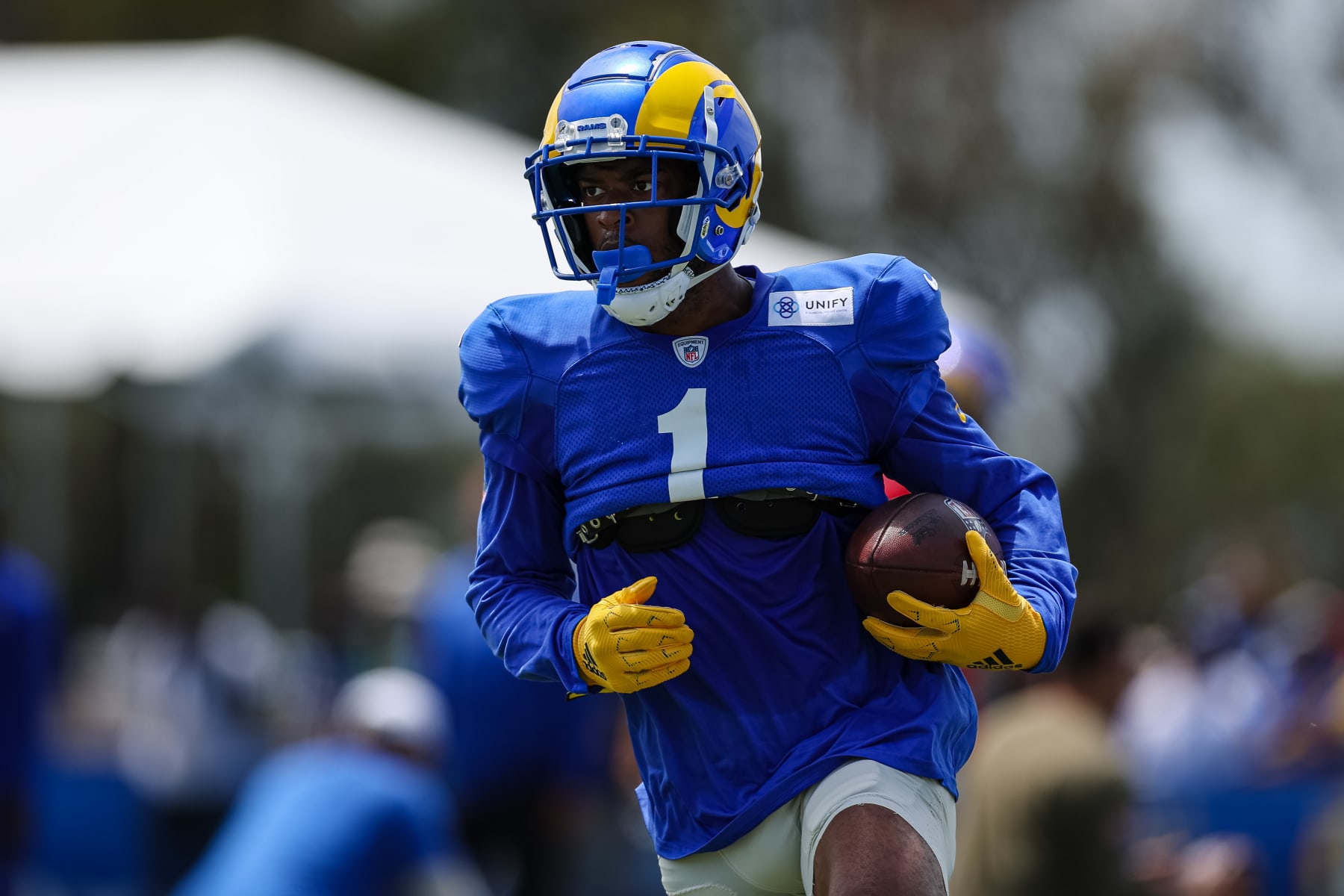 IRVINE, CA - JULY 29: Allen Robinson II #1 of the Los Angeles Rams participates in a drill during training camp at University of California Irvine on July 29, 2022 in Irvine, California. (Photo by Scott Taetsch/Getty Images)