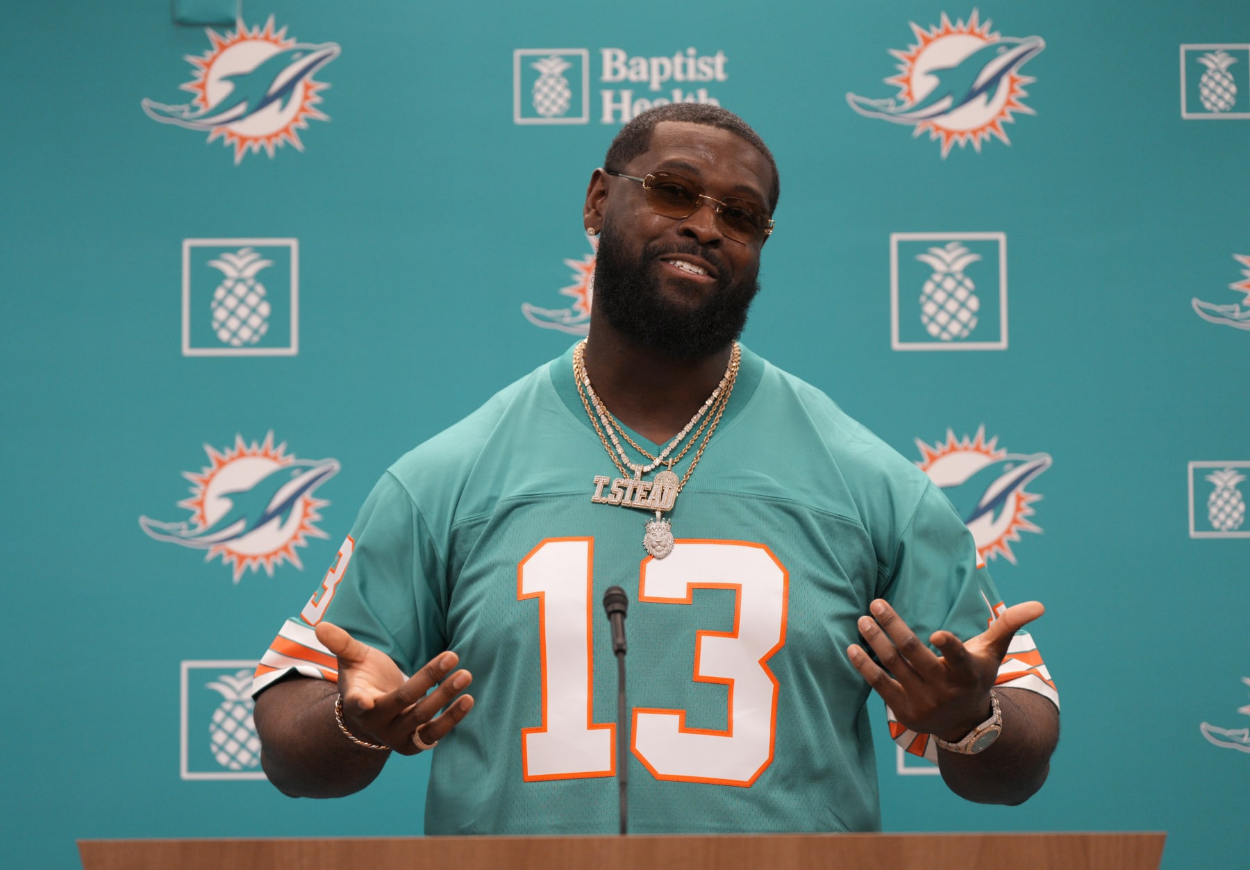 MIAMI GARDENS, FLORIDA - MARCH 24: Terron Armstead speaks with the media after being introduced by the Miami Dolphins at Baptist Health Training Complex on March 24, 2022 in Miami Gardens, Florida. (Photo by Mark Brown/Getty Images)
