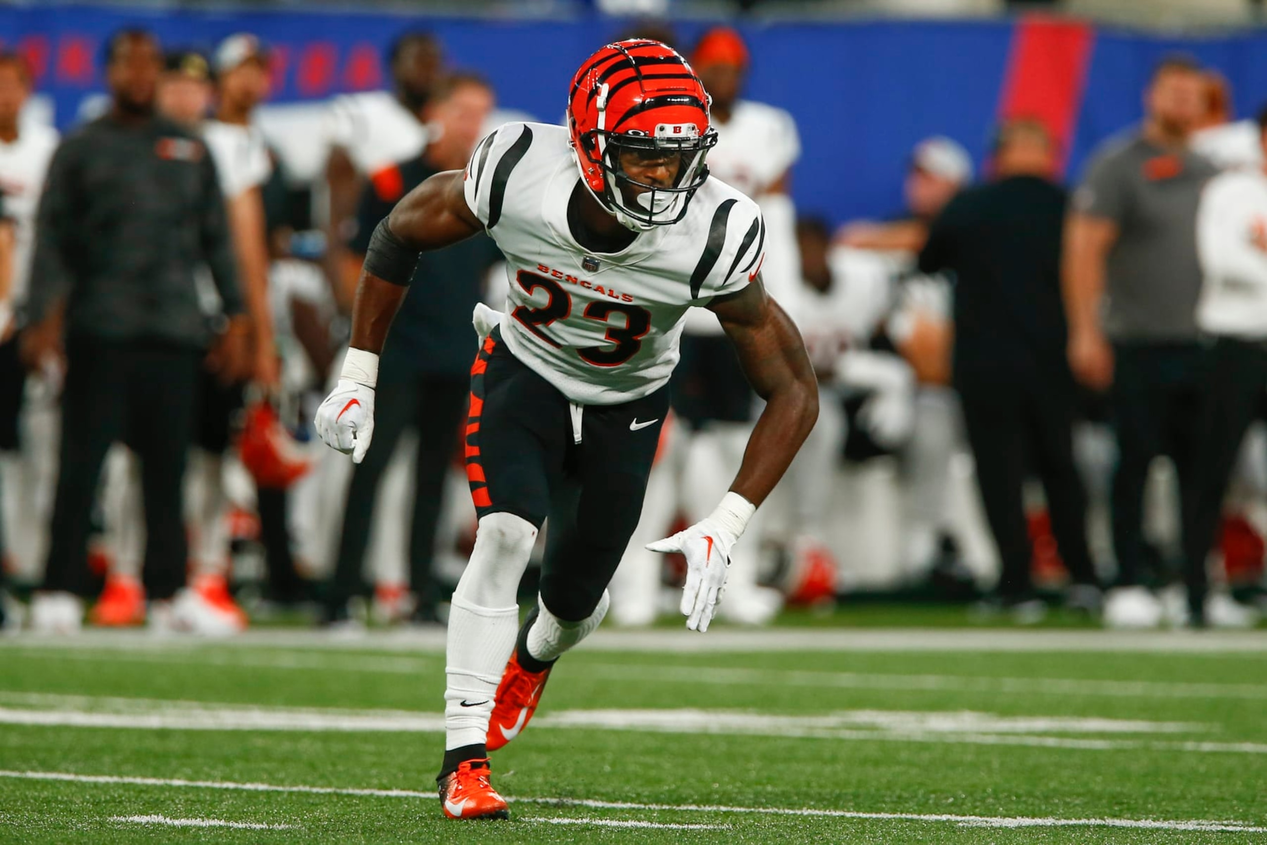 Cincinnati Bengals' Dax Hill (23) during the first half of a preseason NFL football game against the New York Giants Sunday, Aug. 21, 2022, in East Rutherford, N.J. (AP Photo/John Munson)