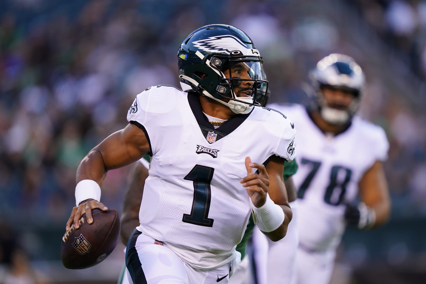 Philadelphia Eagles' Jalen Hurts in action during of a preseason NFL football game, Friday, Aug. 12, 2022, in Philadelphia. (AP Photo/Matt Rourke)