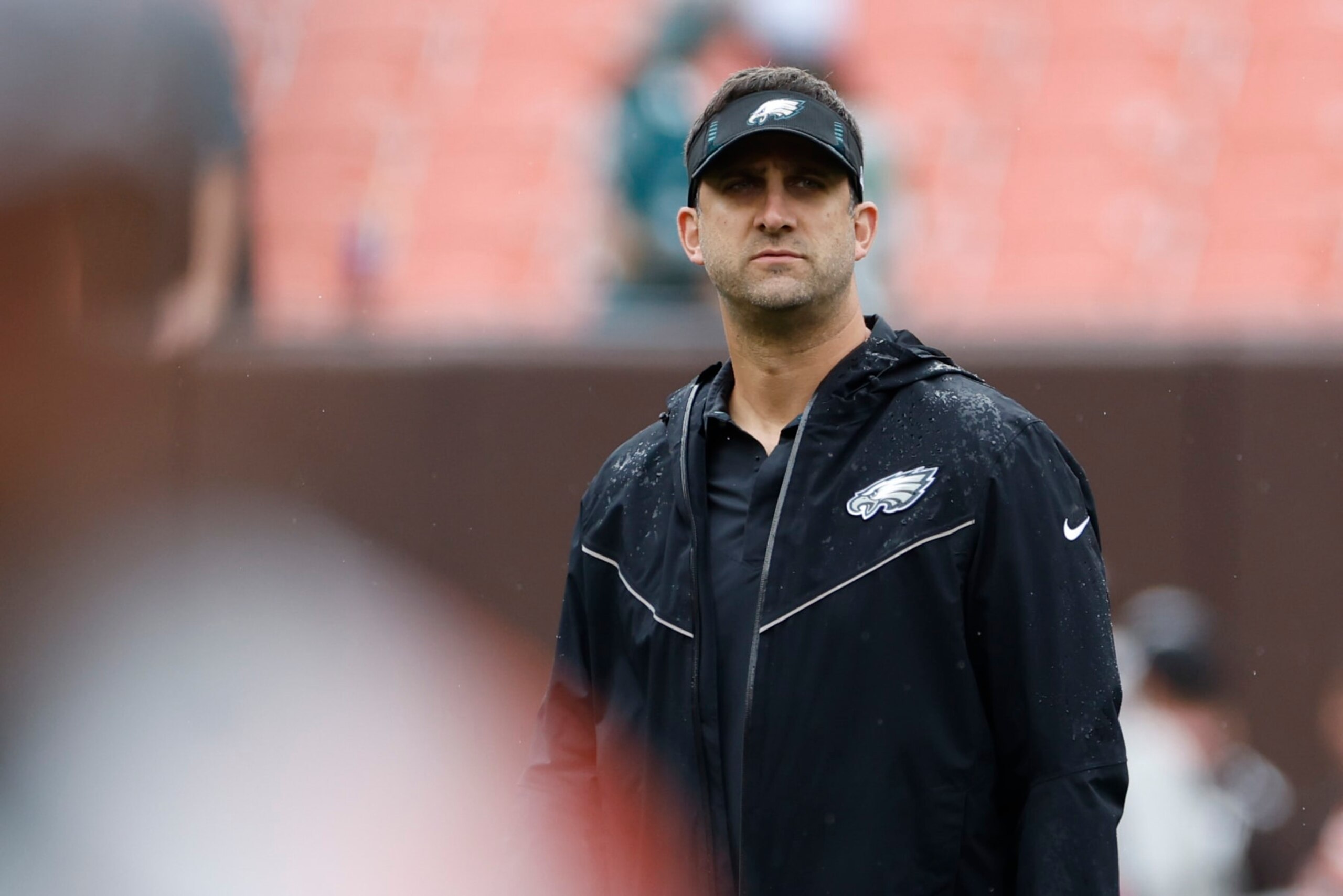 Philadelphia Eagles head coach Nick Sirianni watches the team warm up before an NFL preseason football game against the Cleveland Browns in Cleveland, Sunday, Aug. 21, 2022. (AP Photo/Ron Schwane)