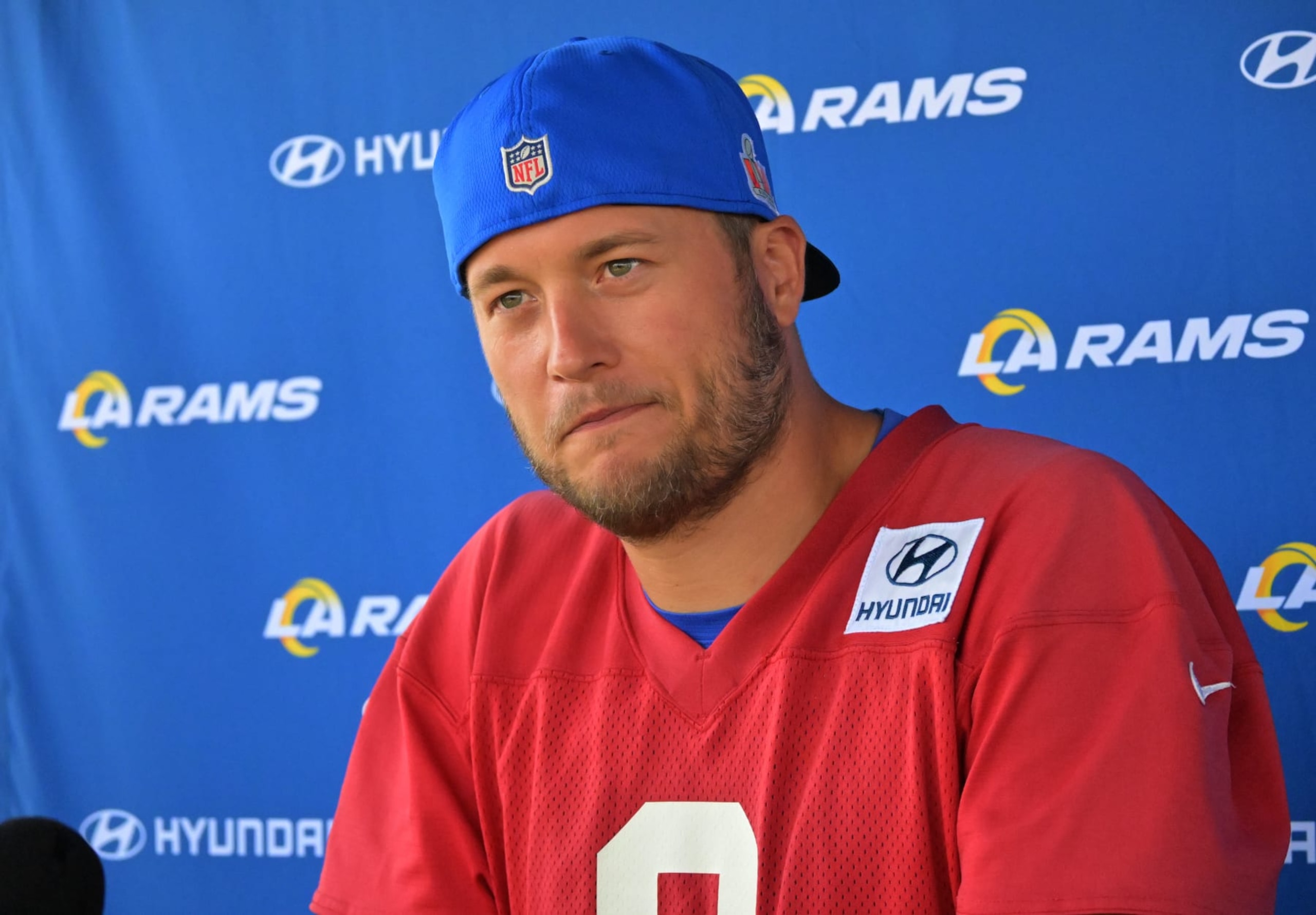 THOUSAND OAKS, CA - JUNE 8: Matthew Stafford #9 of the Los Angeles Rams answers questions from the media following mini camp on June 8, 2022 at the team's facility at California Lutheran University in Thousand Oaks, California. (Photo by Jayne Kamin-Oncea/Getty Images) THOUSAND OAKS, CA - JUNE 8: Matthew Stafford #9 of the Los Angeles Rams answers questions from the media following mini camp on June 8, 2022 at the team's facility at California Lutheran University in Thousand Oaks, California. (Photo by Jayne Kamin-Oncea/Getty Images)