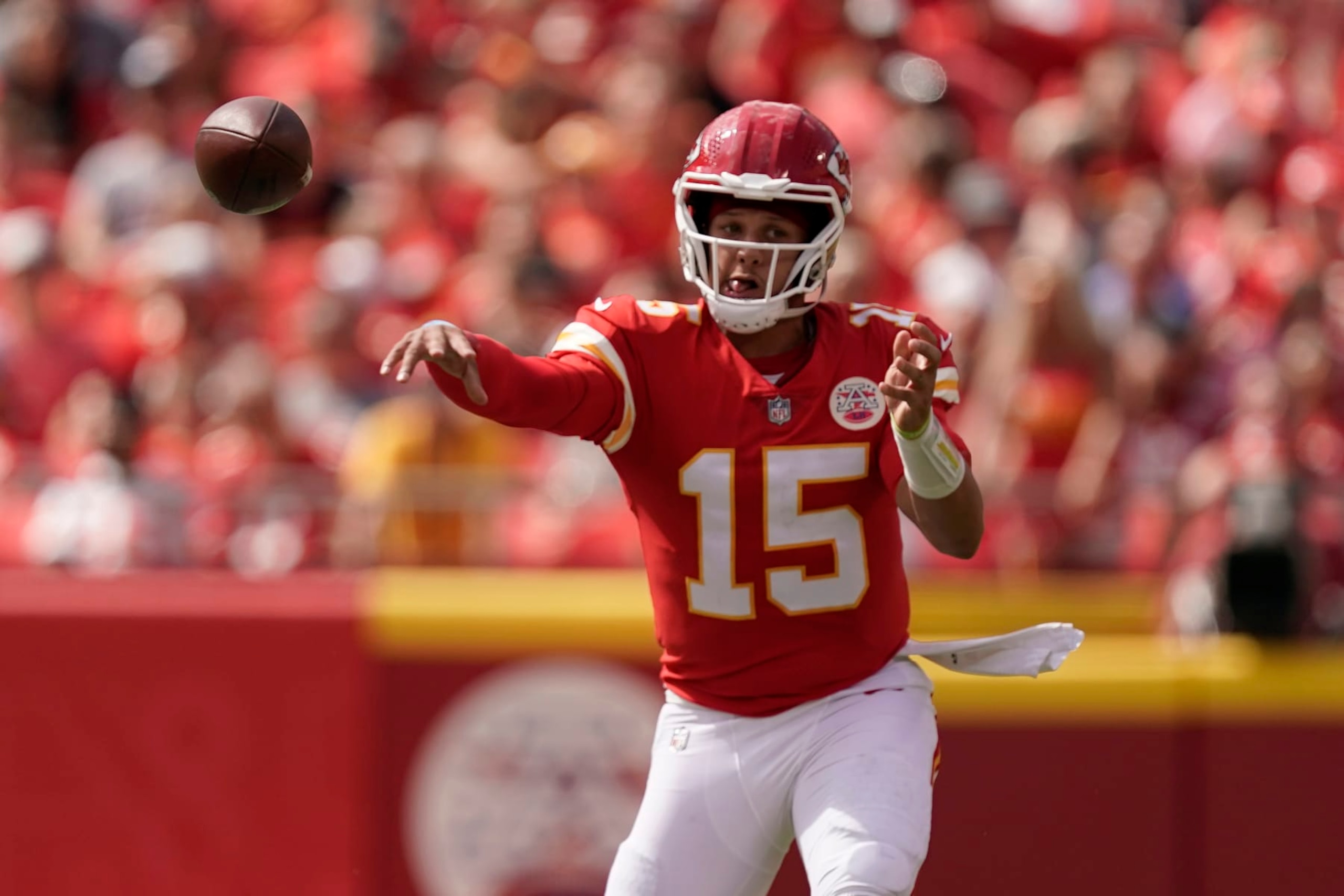 Kansas City Chiefs quarterback Patrick Mahomes throws during the first half of an NFL preseason football game against the Washington Commanders Saturday, Aug. 20, 2022, in Kansas City, Mo. (AP Photo/Charlie Riedel)