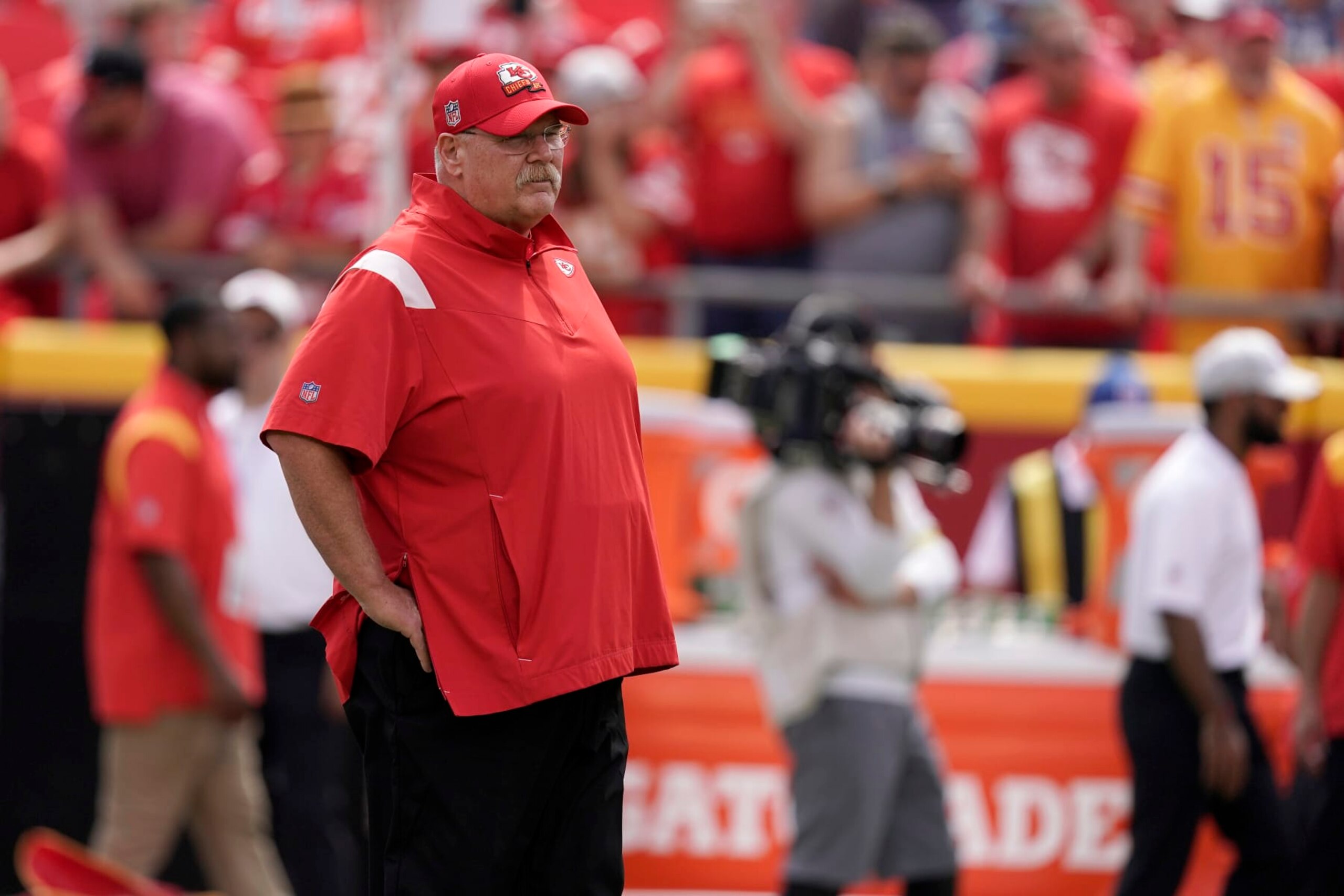 Kansas City Chiefs head coach Andy Reid watches before the start of a preseason NFL football game between the Kansas City Chiefs and the Washington Commanders Saturday, Aug. 20, 2022, in Kansas City, Mo. (AP Photo/Charlie Riedel)