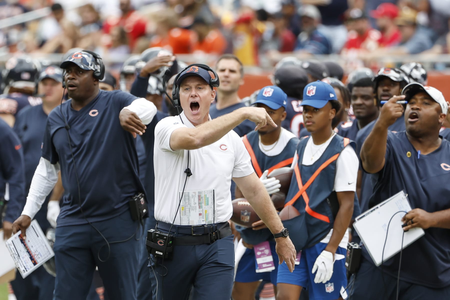 Chicago Bears head coach Matt Eberflus reacts during the second half of a preseason NFL football game against the Kansas City Chiefs, Saturday, Aug. 13, 2022, in Chicago. (AP Photo/Kamil Krzaczynski)