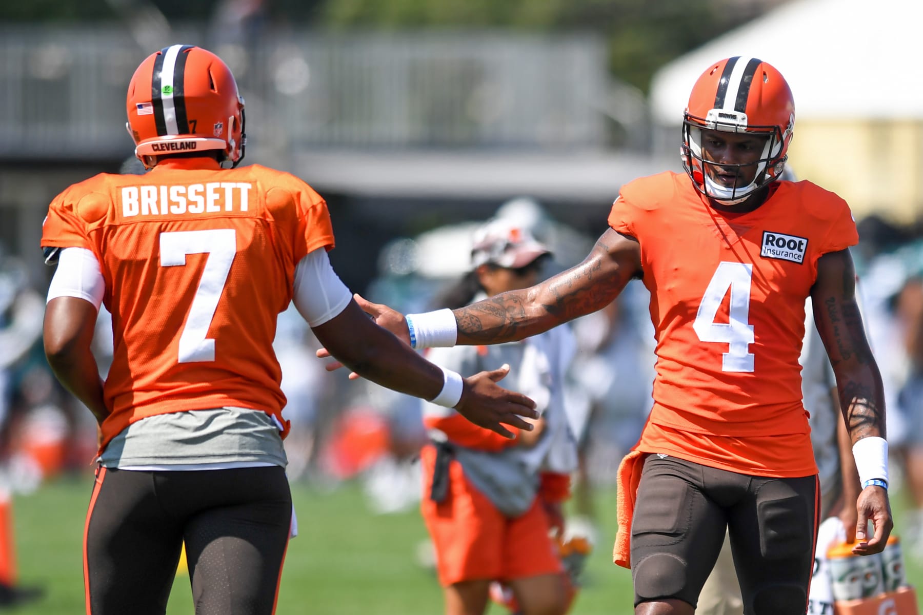 BEREA, OH - AUGUST 18: Deshaun Watson #4 of the Cleveland Browns replaces Jacoby Brissett #7 in a drill during a joint practice with the Philadelphia Eagles at CrossCountry Mortgage Campus on August 18, 2022 in Berea, Ohio. (Photo by Nick Cammett/Getty Images)