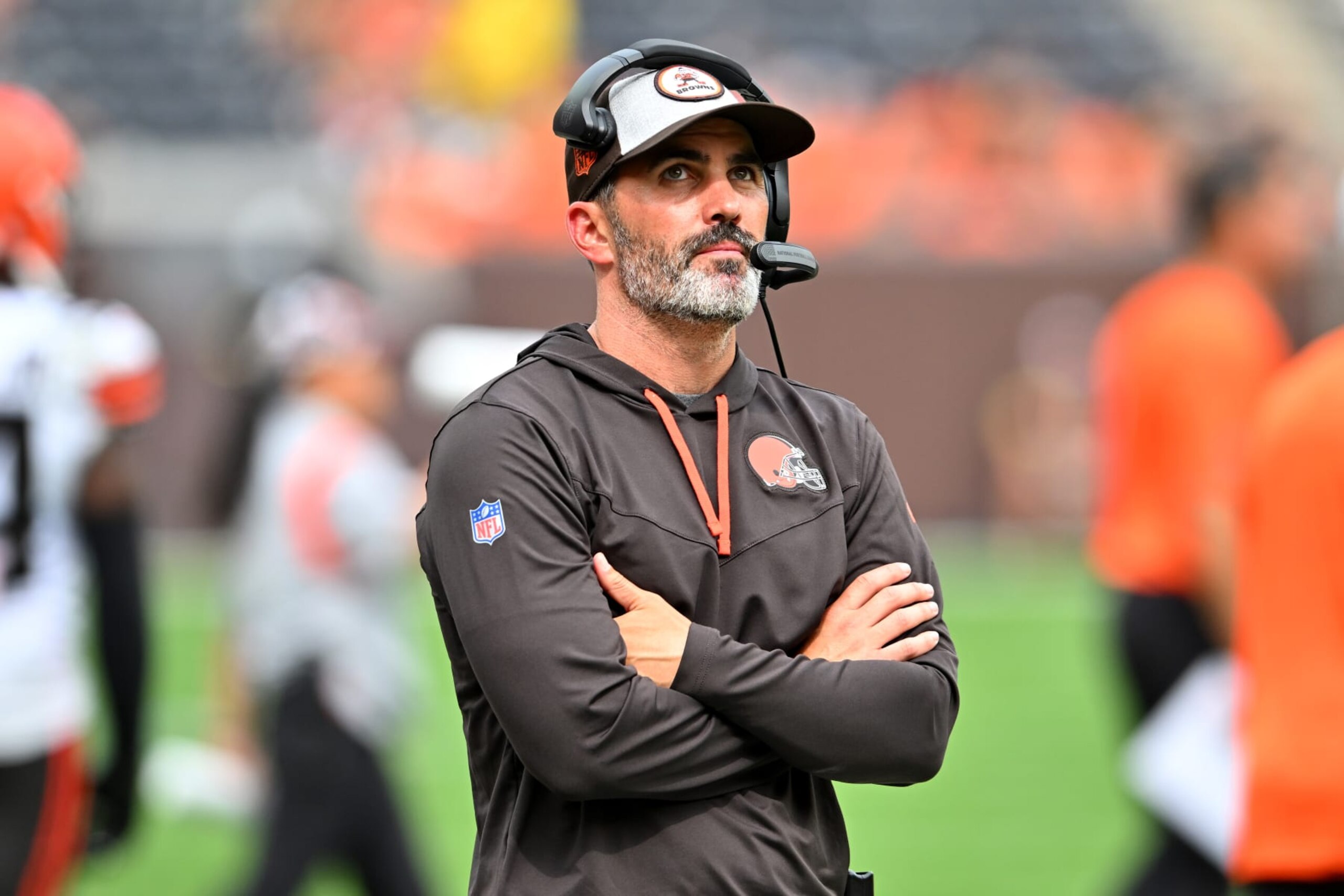 CLEVELAND, OHIO - AUGUST 21: Head coach Kevin Stefanski of the Cleveland Browns looks to the scoreboard during the fourth quarter of a preseason game against the Philadelphia Eagles at FirstEnergy Stadium on August 21, 2022 in Cleveland, Ohio. The Eagles defeated the Browns 21-20.  (Photo by Jason Miller/Getty Images)