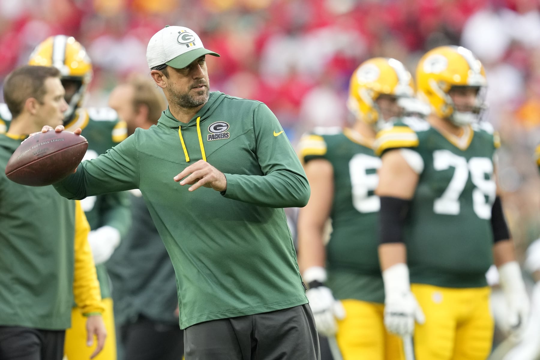 GREEN BAY, WISCONSIN - AUGUST 19: Aaron Rodgers #12 of the Green Bay Packers throws a pass before a preseason game against the New Orleans Saints at Lambeau Field on August 19, 2022 in Green Bay, Wisconsin. (Photo by Patrick McDermott/Getty Images)