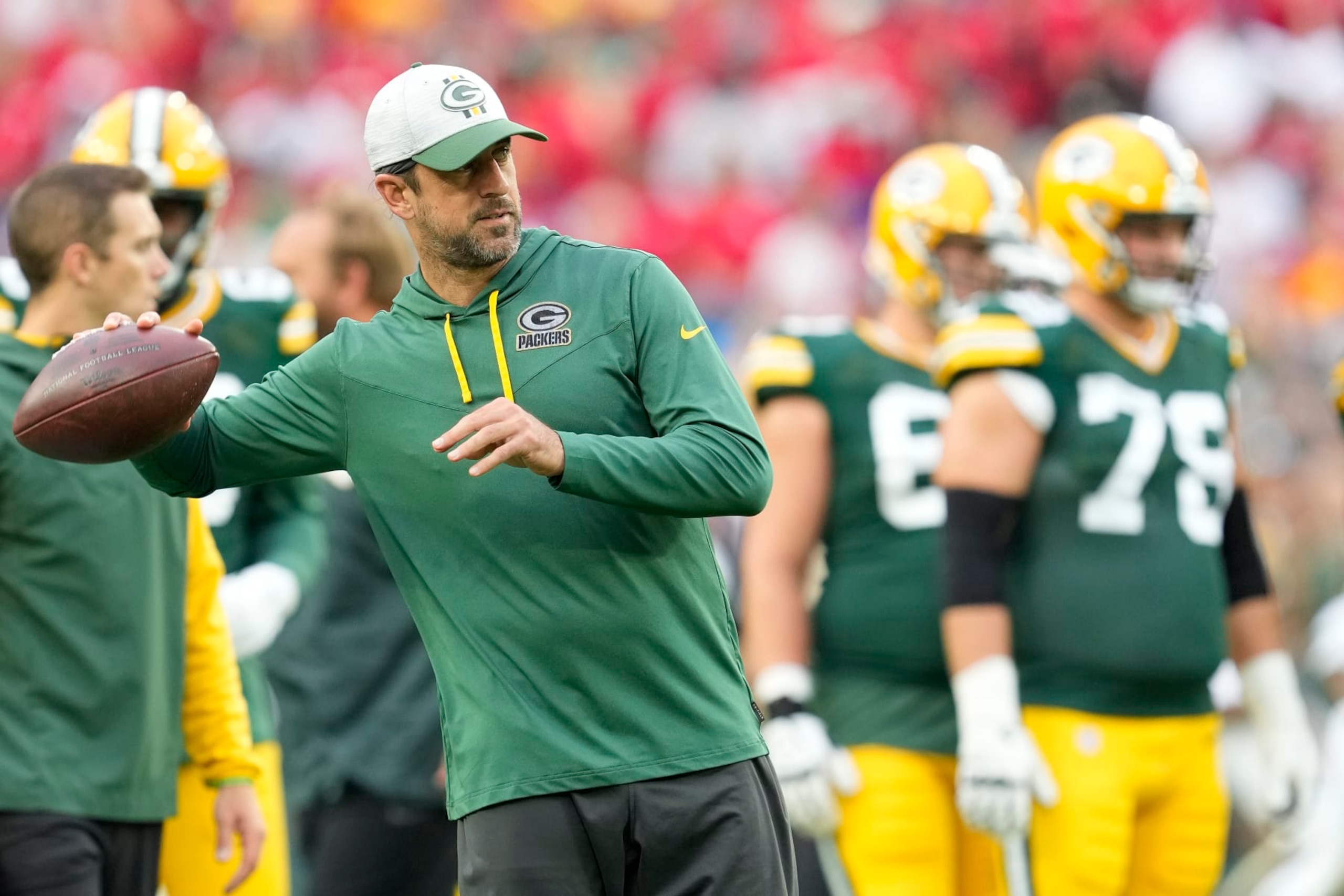GREEN BAY, WISCONSIN - AUGUST 19: Aaron Rodgers #12 of the Green Bay Packers throws a pass before a preseason game against the New Orleans Saints at Lambeau Field on August 19, 2022 in Green Bay, Wisconsin. (Photo by Patrick McDermott/Getty Images)