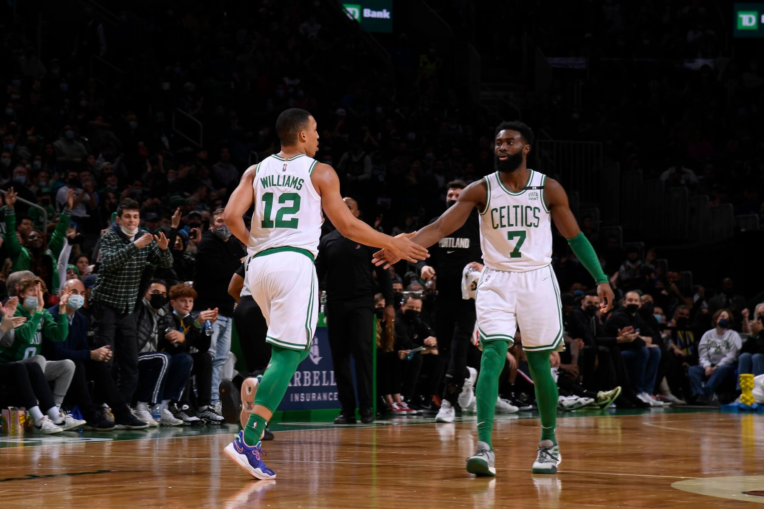 BOSTON, MA - JANUARY 21: Grant Williams #12 and Jaylen Brown #7 of the Boston Celtics embrace during the game against the Portland Trail Blazers on January 21, 2022 at the TD Garden in Boston, Massachusetts. NOTE TO USER: User expressly acknowledges and agrees that, by downloading and or using this photograph, User is consenting to the terms and conditions of the Getty Images License Agreement. Mandatory Copyright Notice: Copyright 2022 NBAE (Photo by Brian Babineau/NBAE via Getty Images) BOSTON, MA - JANUARY 21: Grant Williams #12 and Jaylen Brown #7 of the Boston Celtics embrace during the game against the Portland Trail Blazers on January 21, 2022 at the TD Garden in Boston, Massachusetts. NOTE TO USER: User expressly acknowledges and agrees that, by downloading and or using this photograph, User is consenting to the terms and conditions of the Getty Images License Agreement. Mandatory Copyright Notice: Copyright 2022 NBAE (Photo by Brian Babineau/NBAE via Getty Images)
