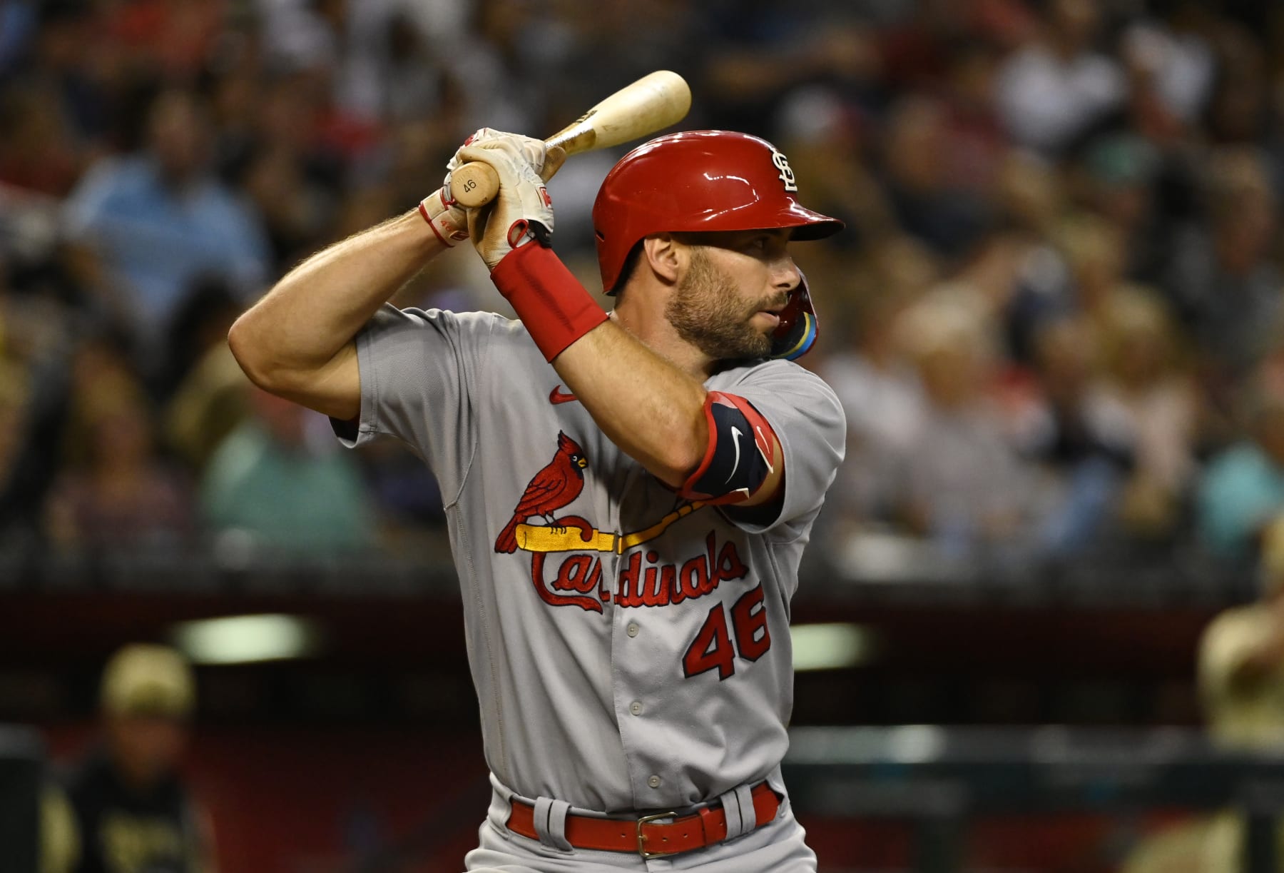 PHOENIX, ARIZONA - AUGUST 19: Paul Goldschmidt #46 of the St Louis Cardinals gets ready in the batters box against the Arizona Diamondbacks at Chase Field on August 19, 2022 in Phoenix, Arizona. (Photo by Norm Hall/Getty Images)