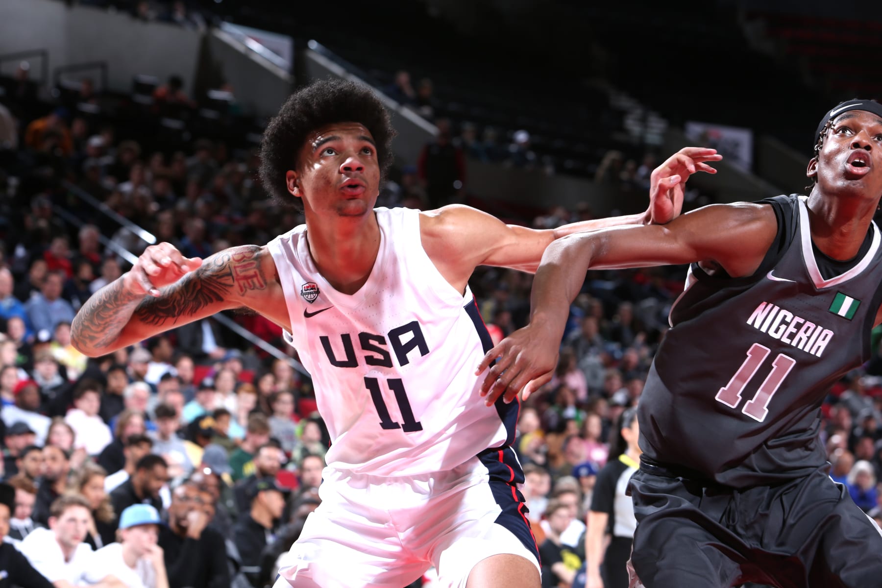 PORTLAND, OR - APRIL 8: Kelel Ware #11 of Team USA looks to rebounds the ball against Team World during the 2022 Nike Hoop Summit on April 8, 2022 at the Moda Center Arena in Portland, Oregon. NOTE TO USER: User expressly acknowledges and agrees that, by downloading and or using this photograph, user is consenting to the terms and conditions of the Getty Images License Agreement. Mandatory Copyright Notice: Copyright 2022 NBAE (Photo by Sam Forencich/NBAE via Getty Images)