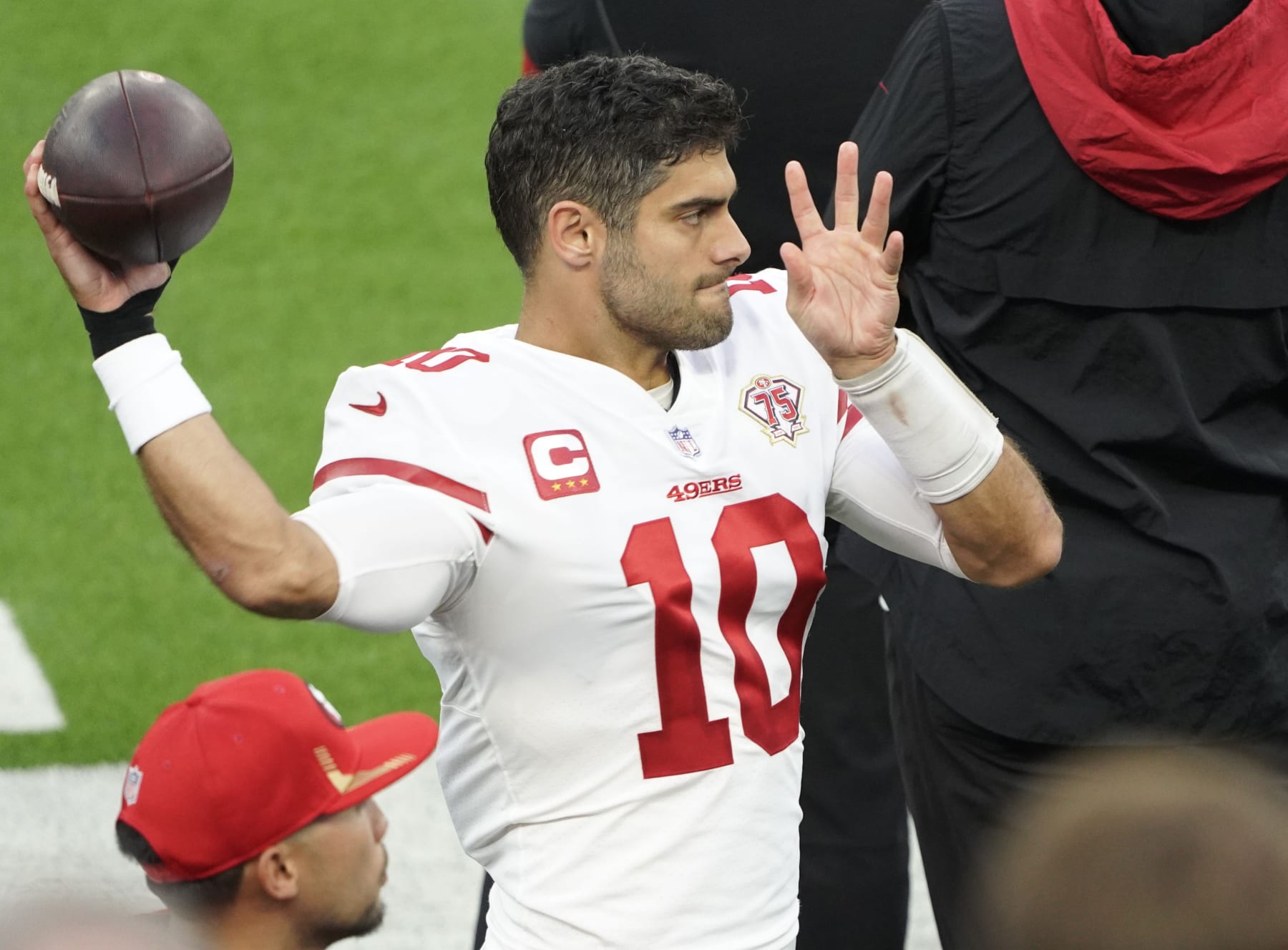 INGLEWOOD, CA - JANUARY 30:  Jimmy Garoppolo #10 of the 49ers during the NFC Conference Championship game between the San Francisco 49ers and the Los Angeles Rams on January 30, 2022, at SoFi Stadium in Inglewood, CA. (Photo by Icon Sportswire)